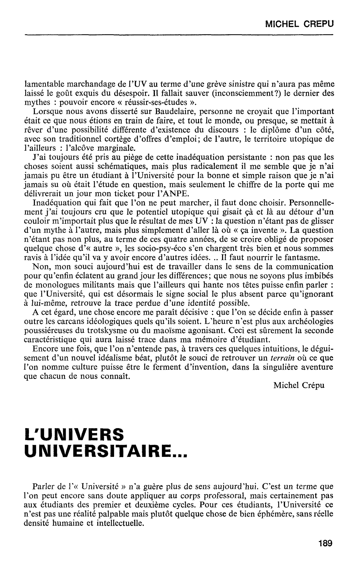 L’UNIVERS UNIVERSITAIRE…
