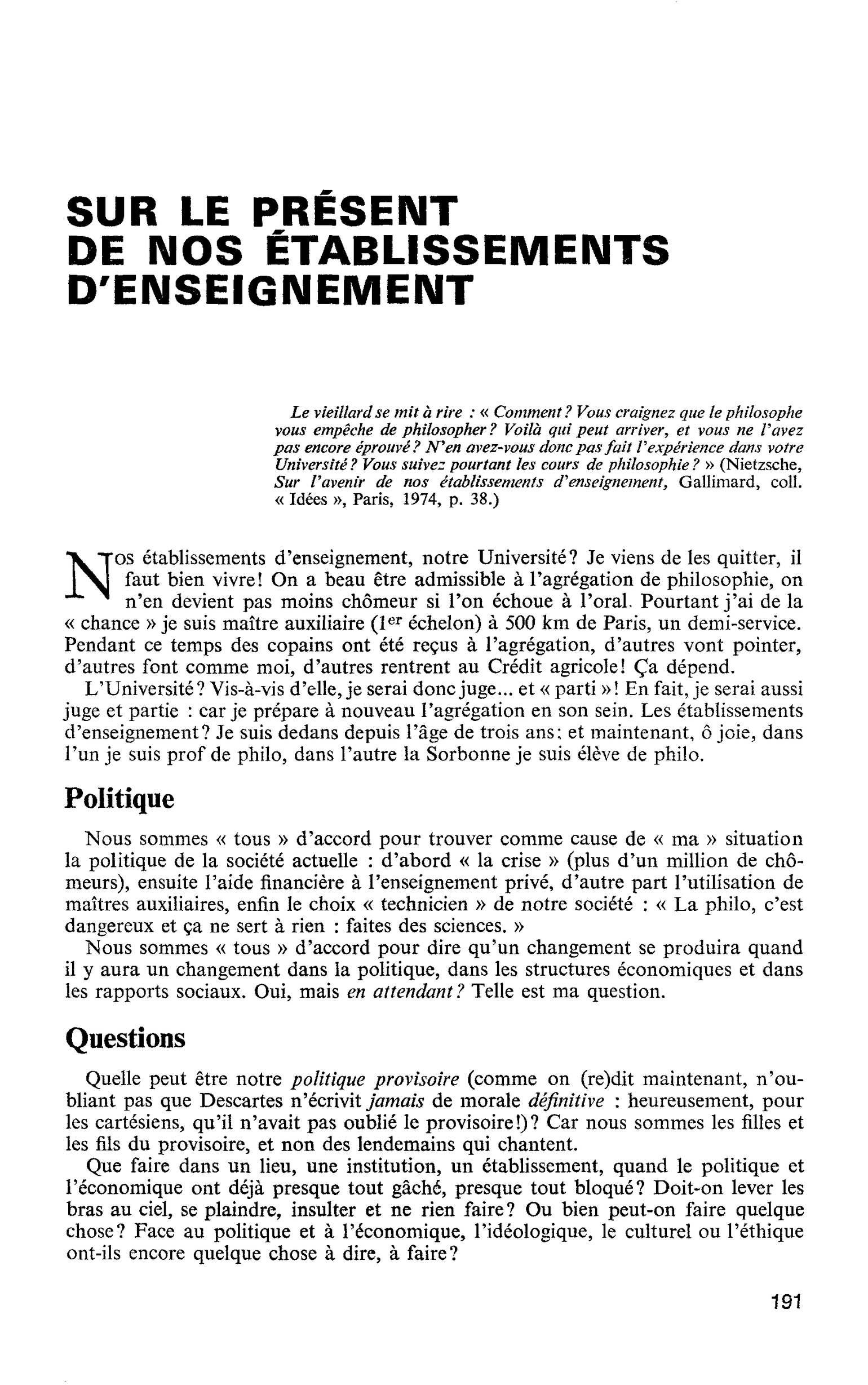 SUR LE PRÉSENT DE NOS ÉTABLISSEMENTS D’ENSEIGNEMENT