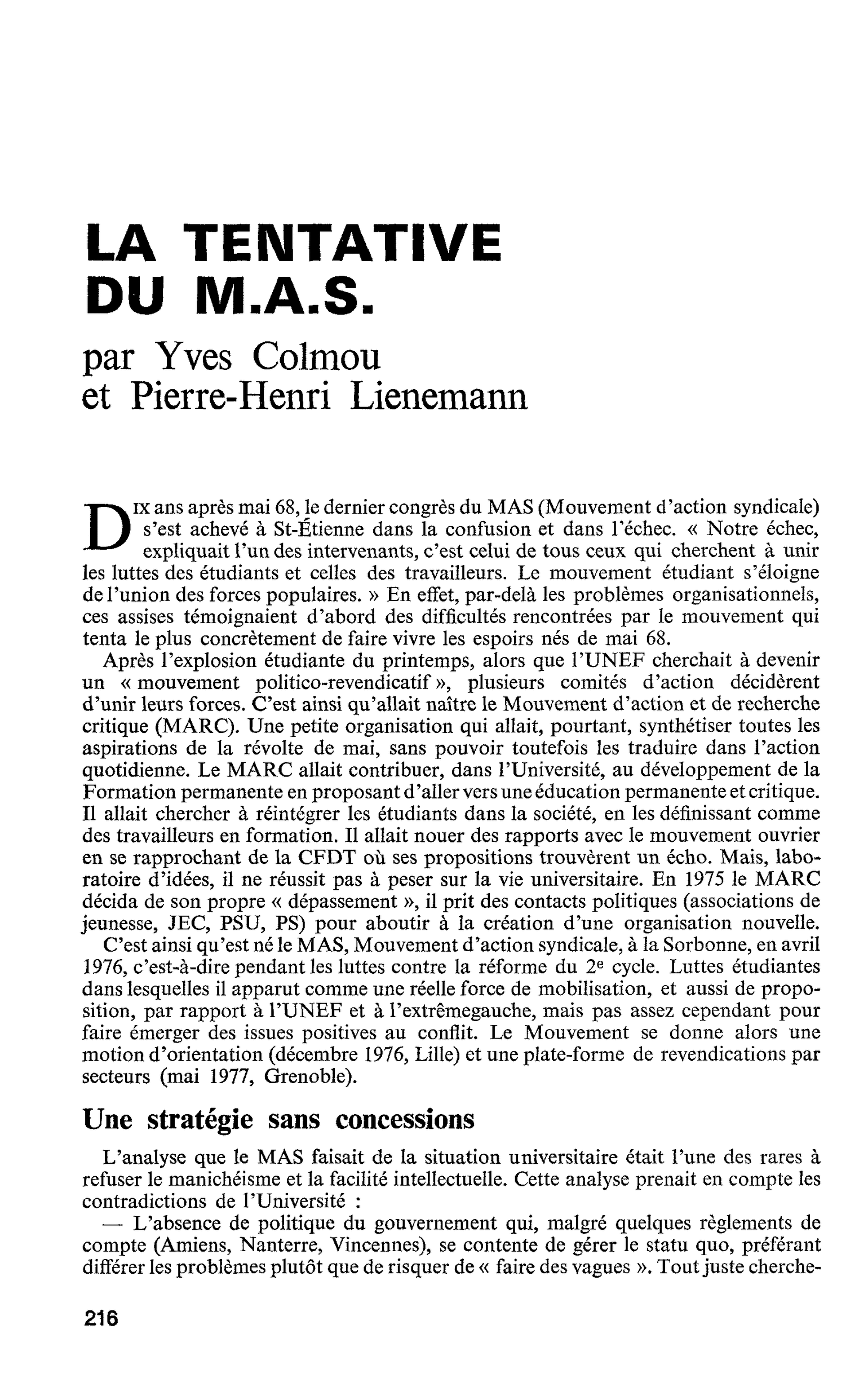 LA TENTATIVE DU M.A.S.