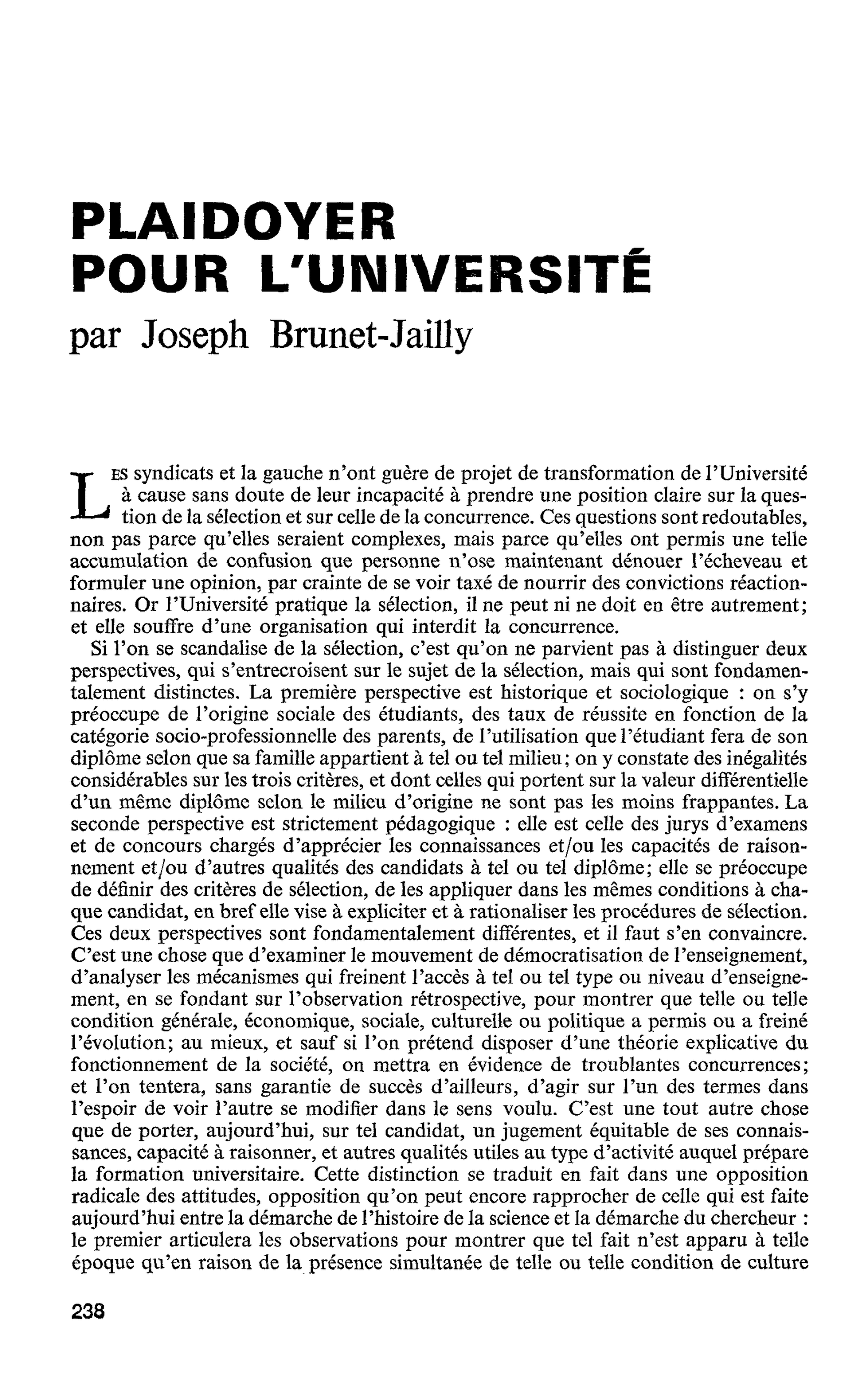 PLAIDOYER POUR L’UNIVERSITÉ