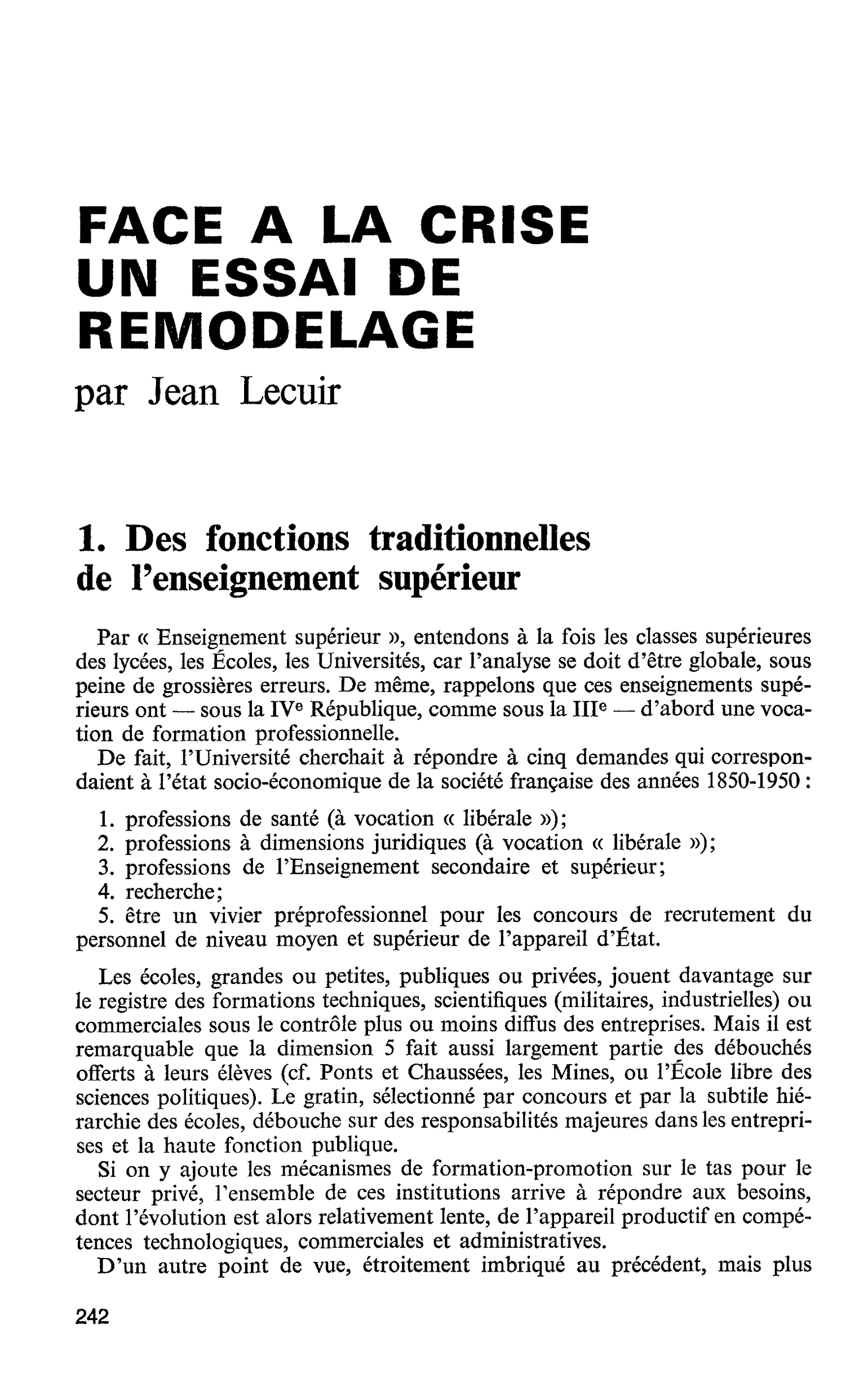 FACE A LA CRISE UN ESSAI DE REMODELAGE