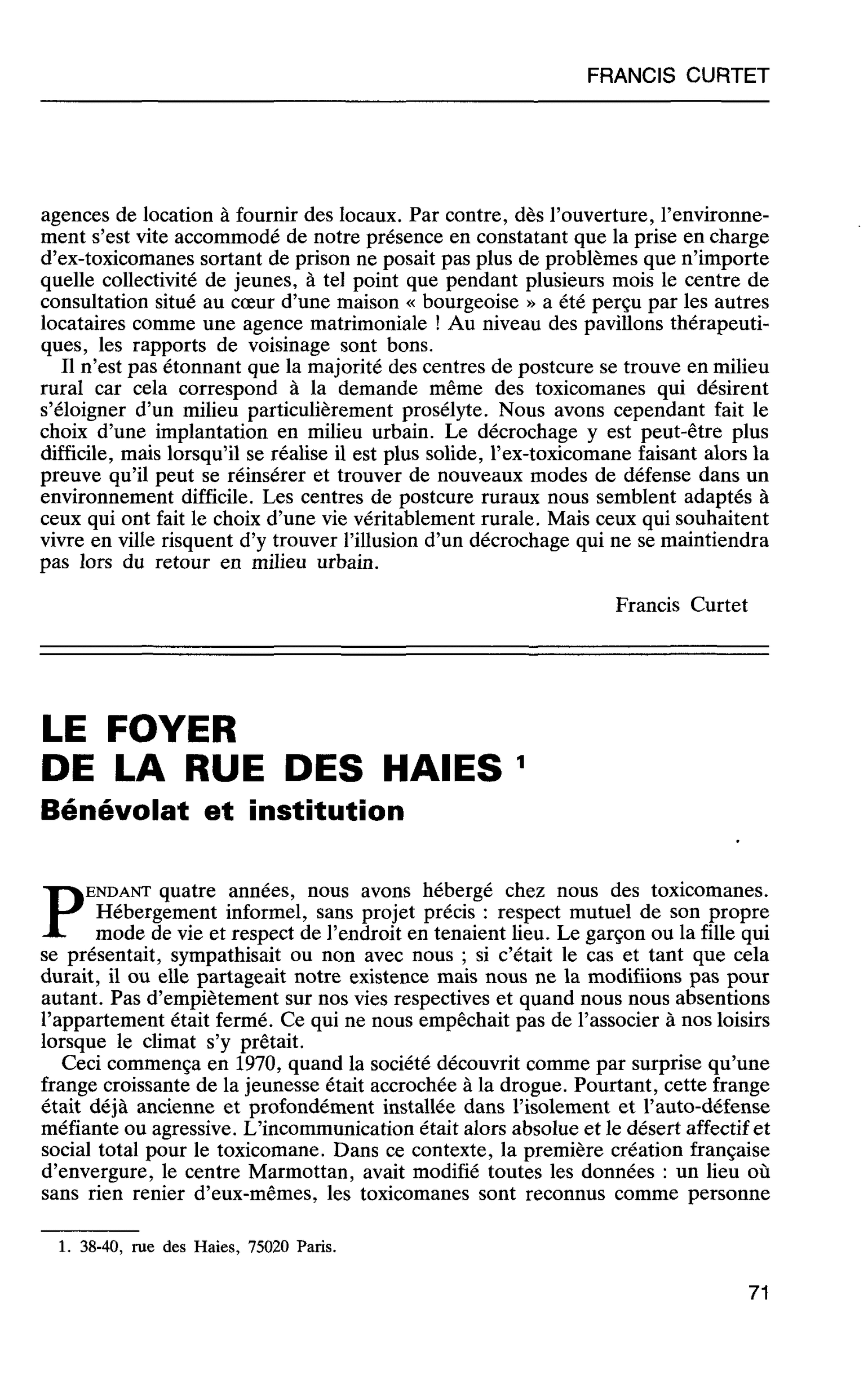 LE FOYER DE LA RUE DES HAIES. Bénévolat et institution