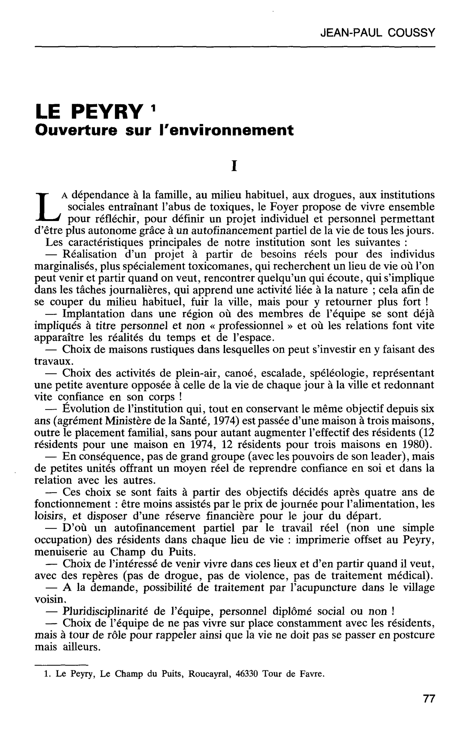 LE PEYRY. Ouverture sur l’environnement