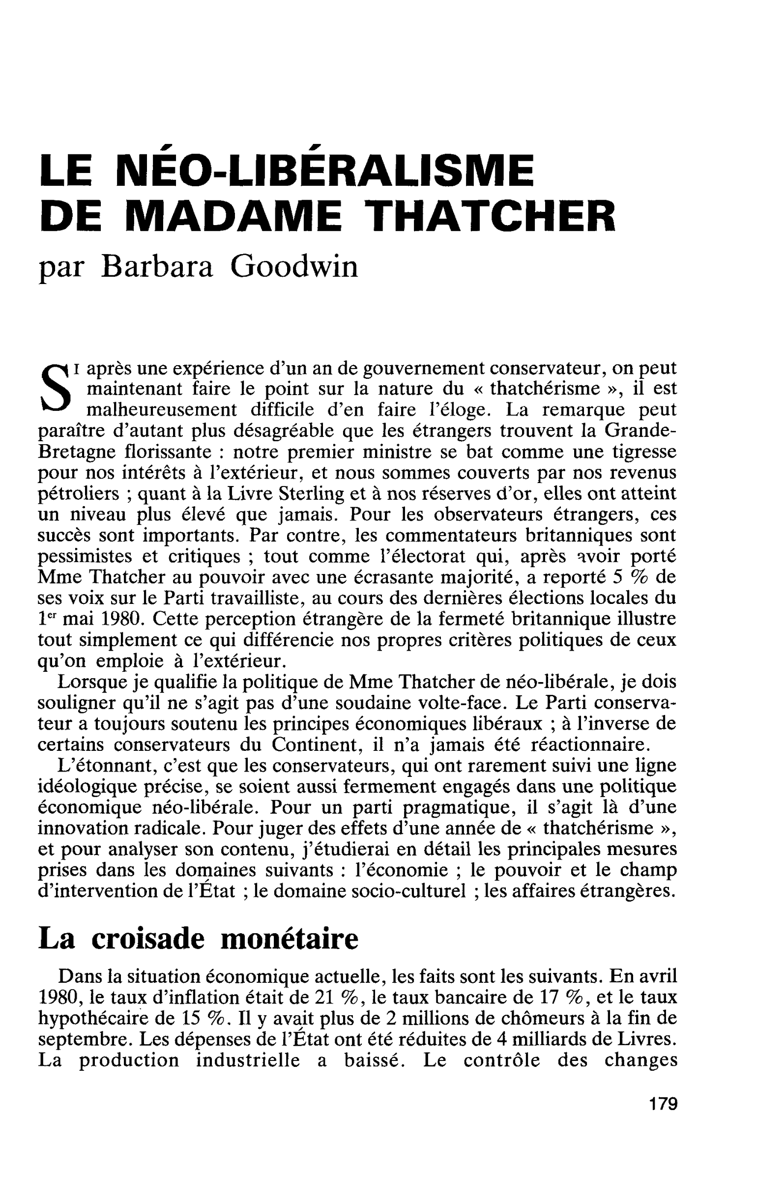 LE NÉO-LIBÉRALISME DE MADAME THATCHER