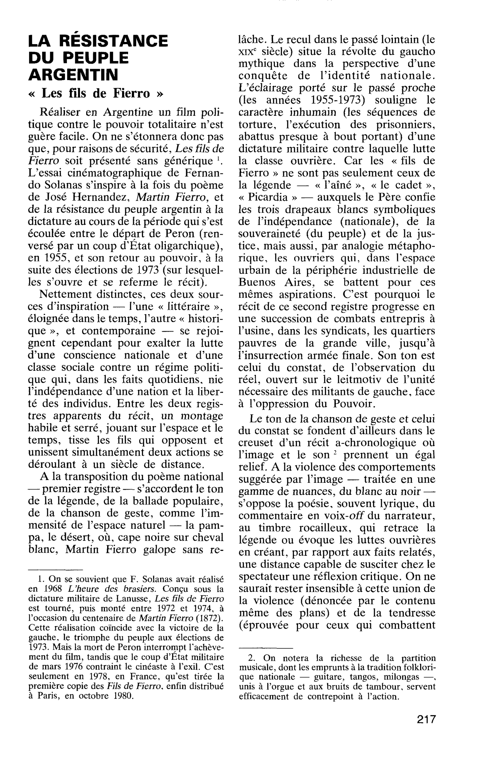 LA RÉSISTANCE DU PEUPLE ARGENTIN. « Les fils de Fierro »