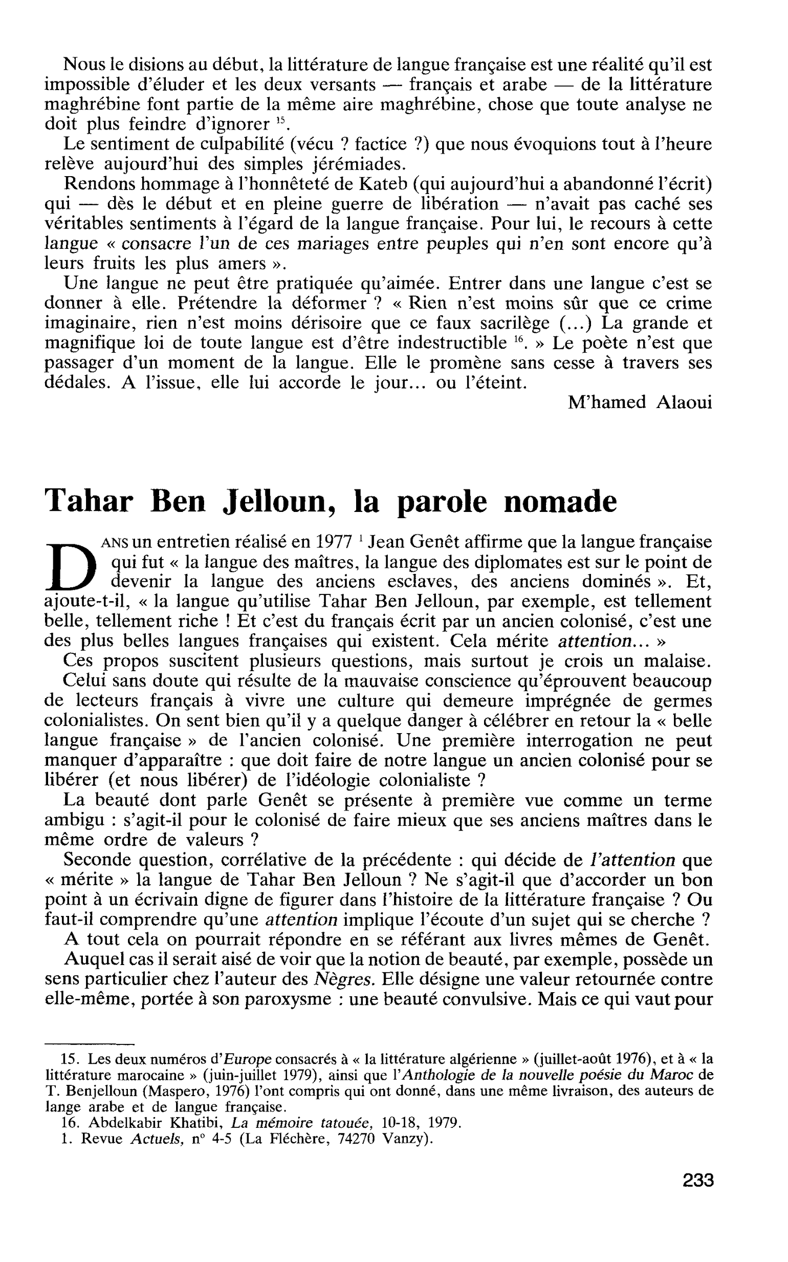 LES ÉCRIVAINS MAGHRÉBINS DE LANGUE FRANÇAISE : Tahar Ben Jelloun, la parole nomade