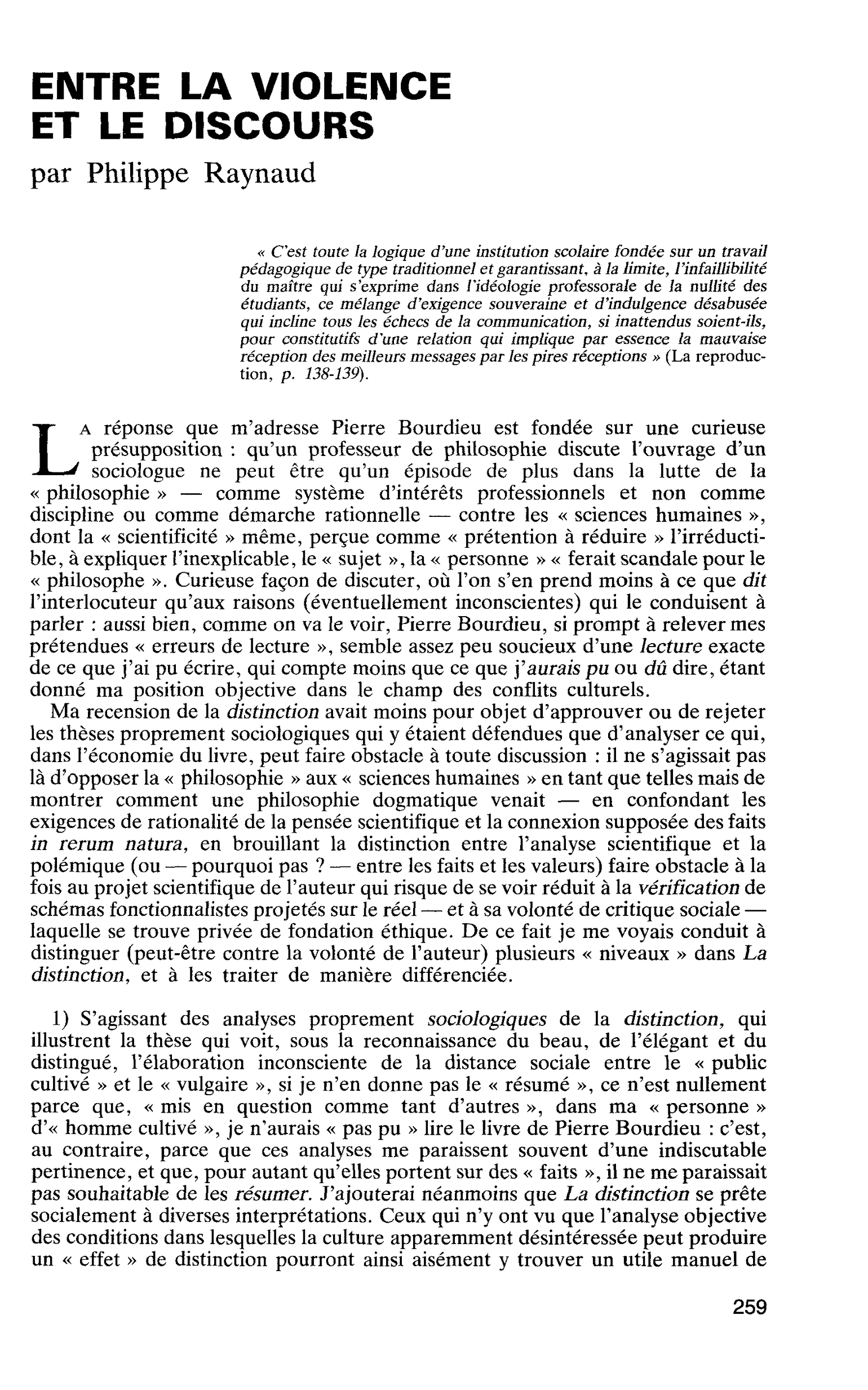 ENTRE LA VIOLENCE ET LE DISCOURS