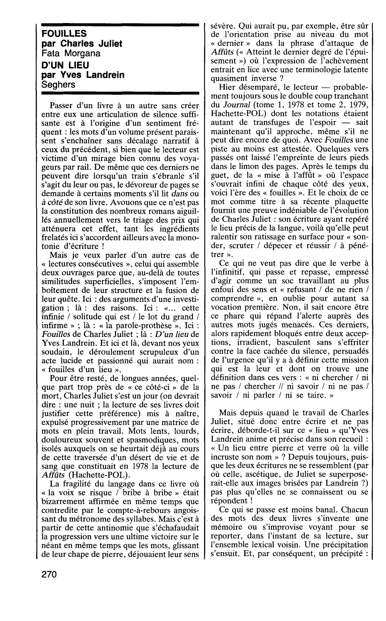 FOUILLES par Charles Juliet. D’UN LIEU par Yves Landrein