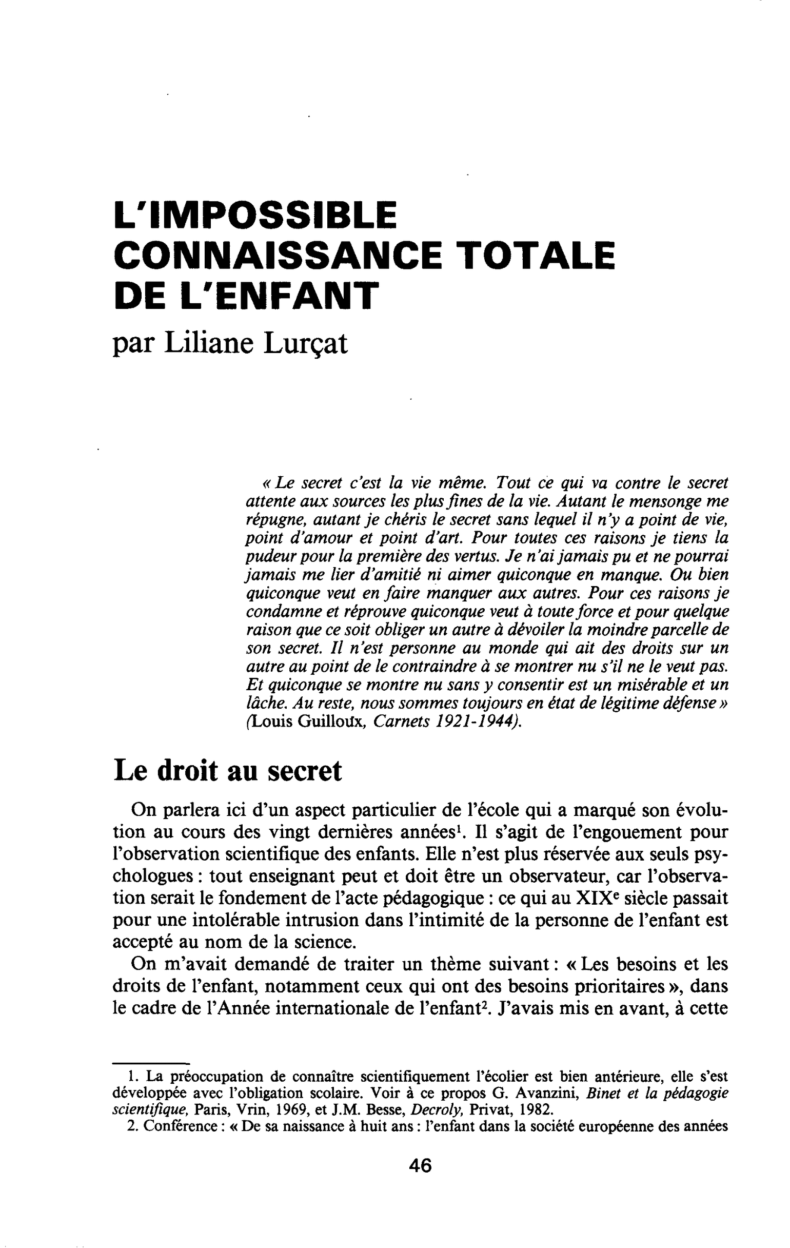 L’IMPOSSIBLE CONNAISSANCE TOTALE DE L’ENFANT