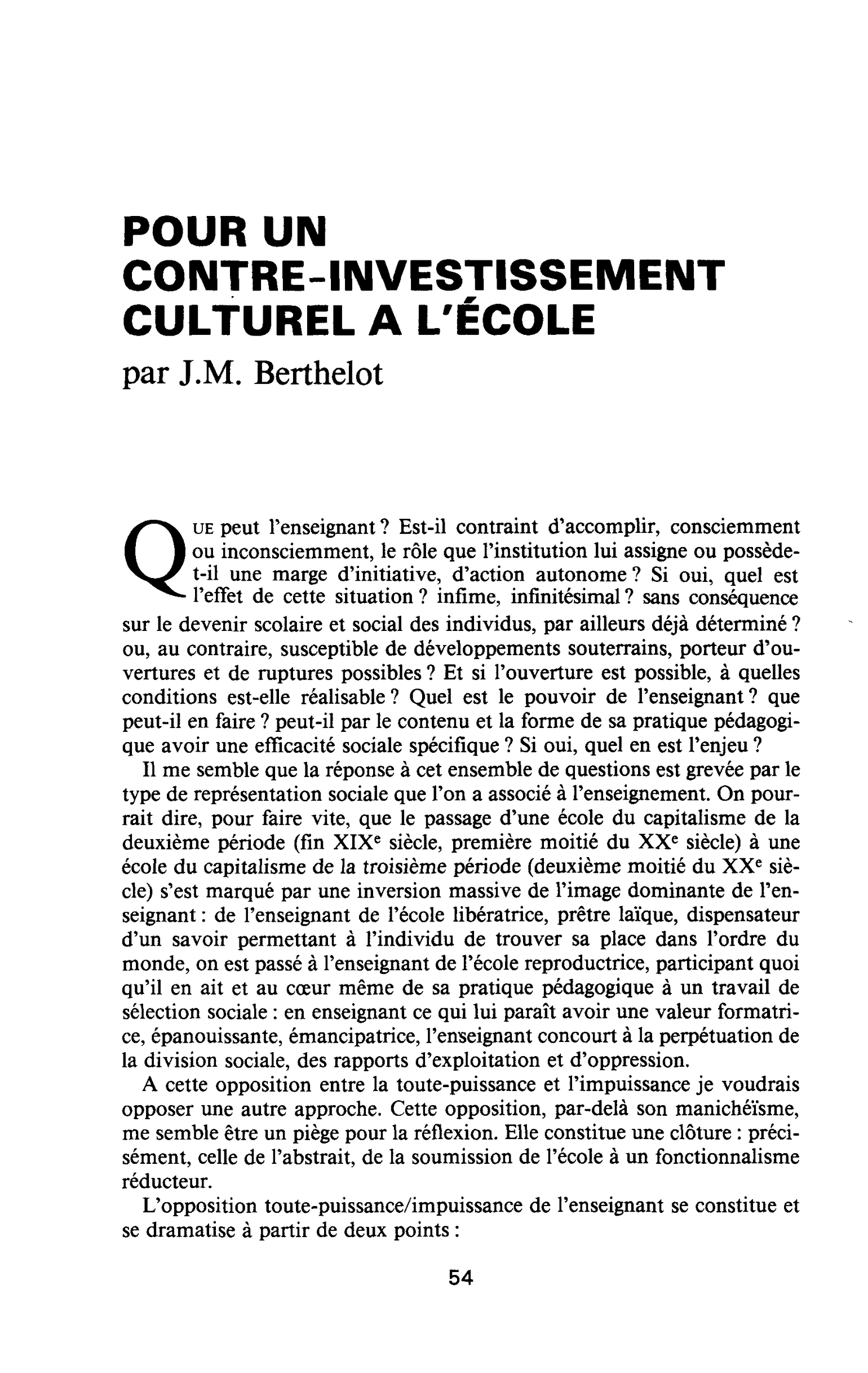 POUR UN CONTRE-INVESTISSEMENT CULTUREL A L’ÉCOLE