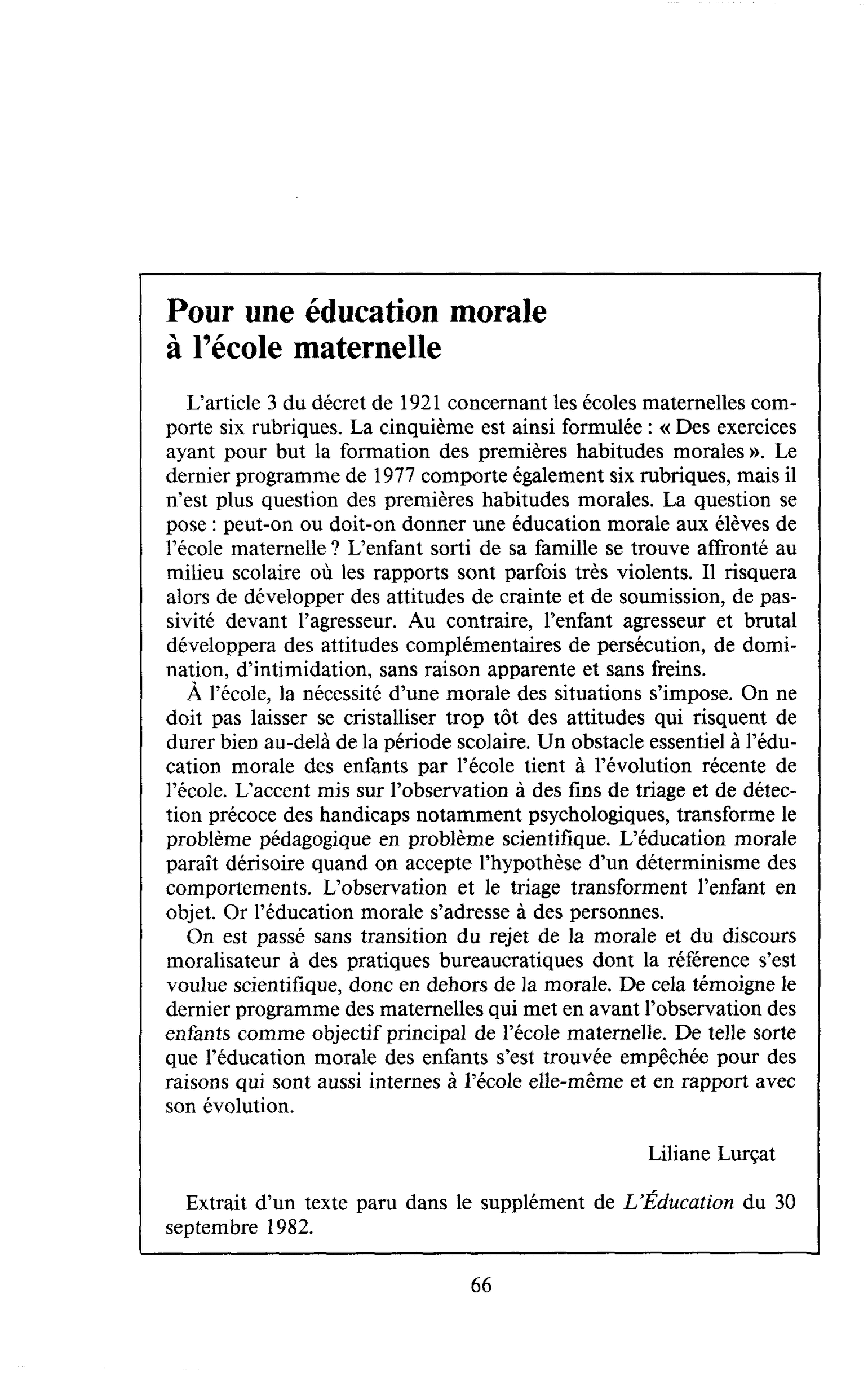 Pour une éducation morale à l’école maternelle