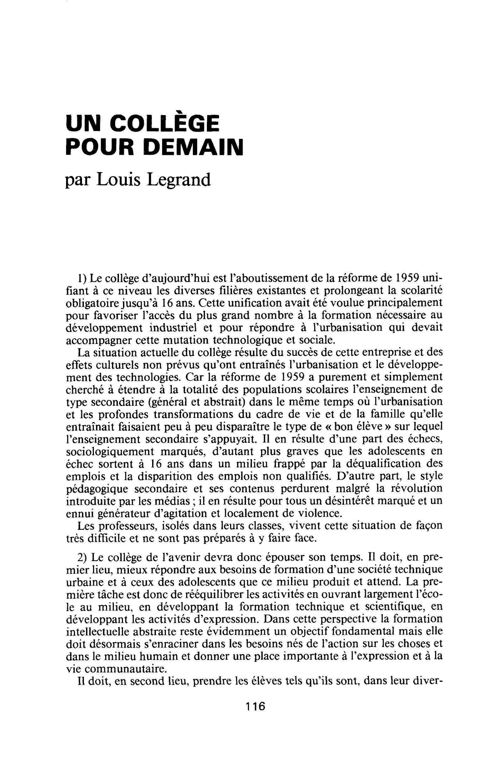 UN COLLÈGE POUR DEMAIN