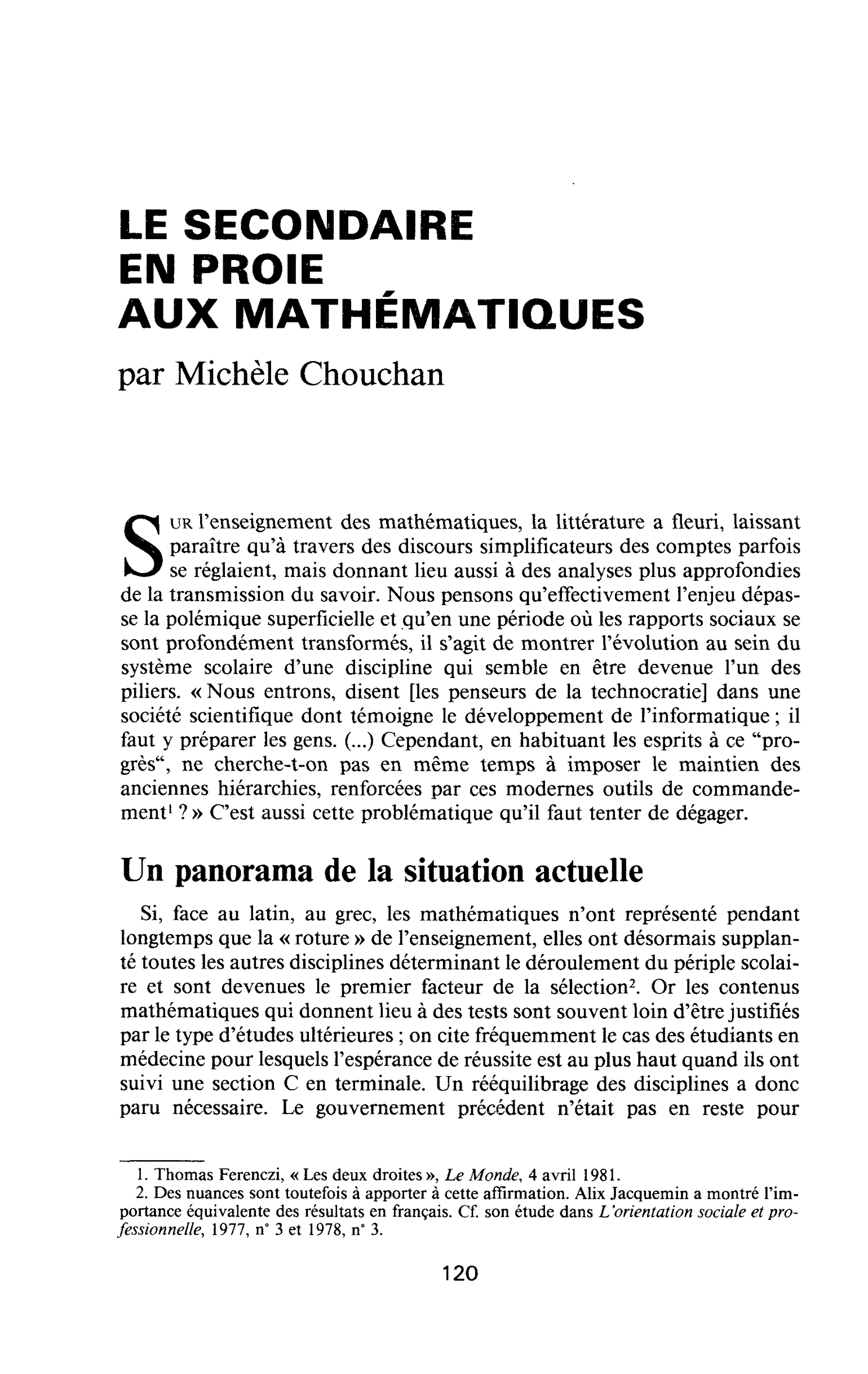 LE SECONDAIRE EN PROIE AUX MATHÉMATIQUES