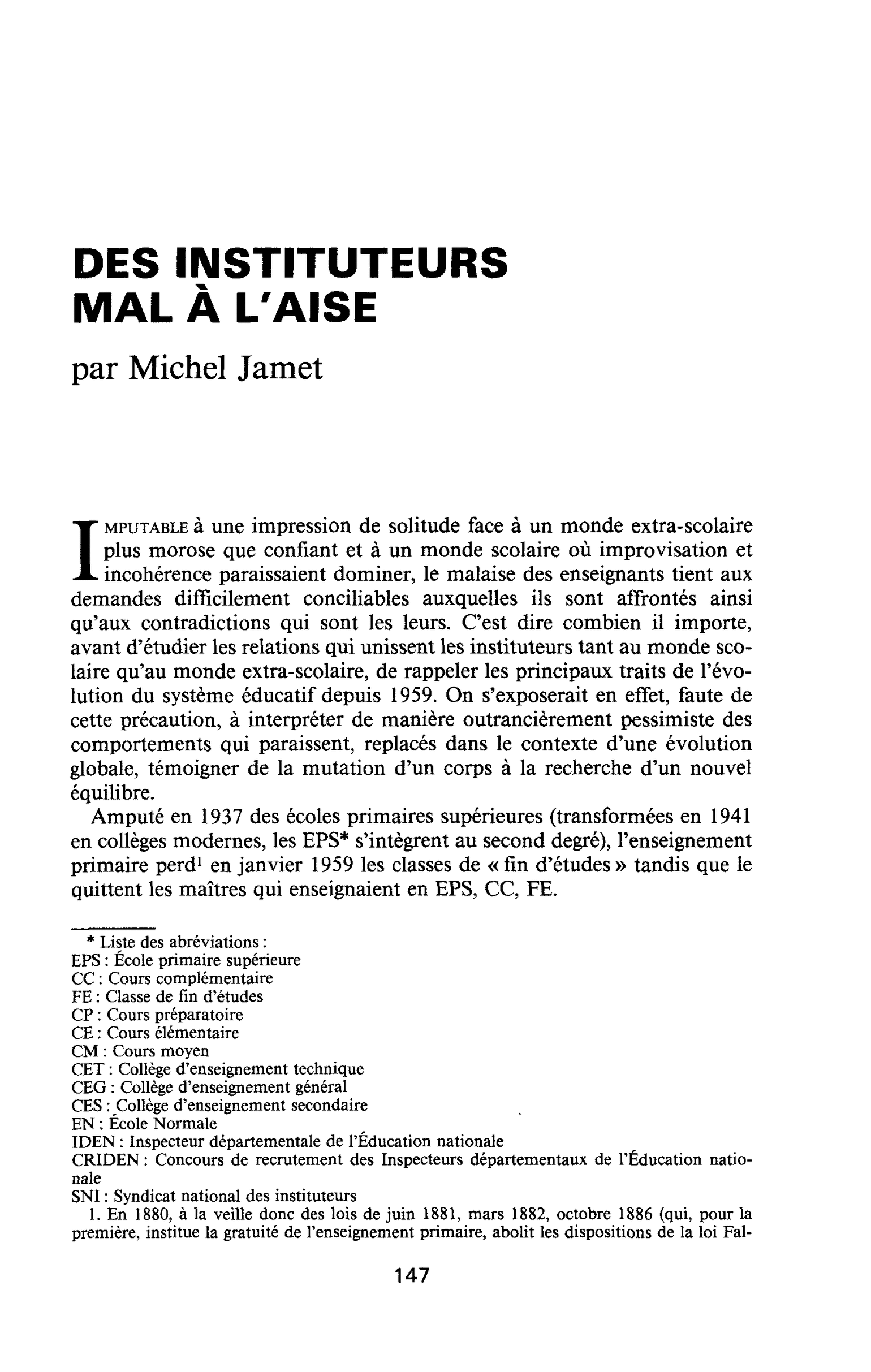 DES INSTITUTEURS MAL À L’AISE