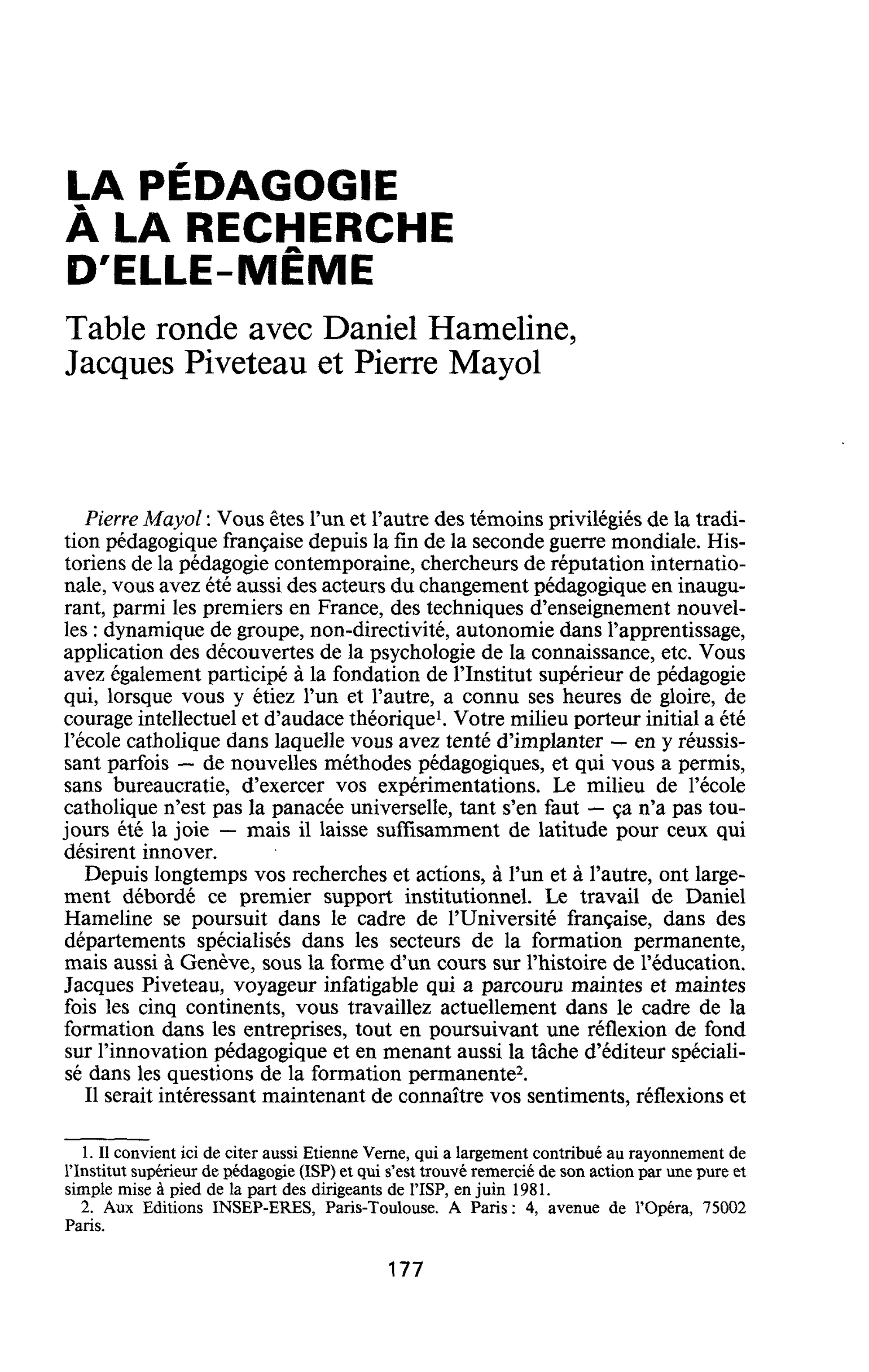 LA PÉDAGOGIE À LA RECHERCHE D’ELLE-MÊME