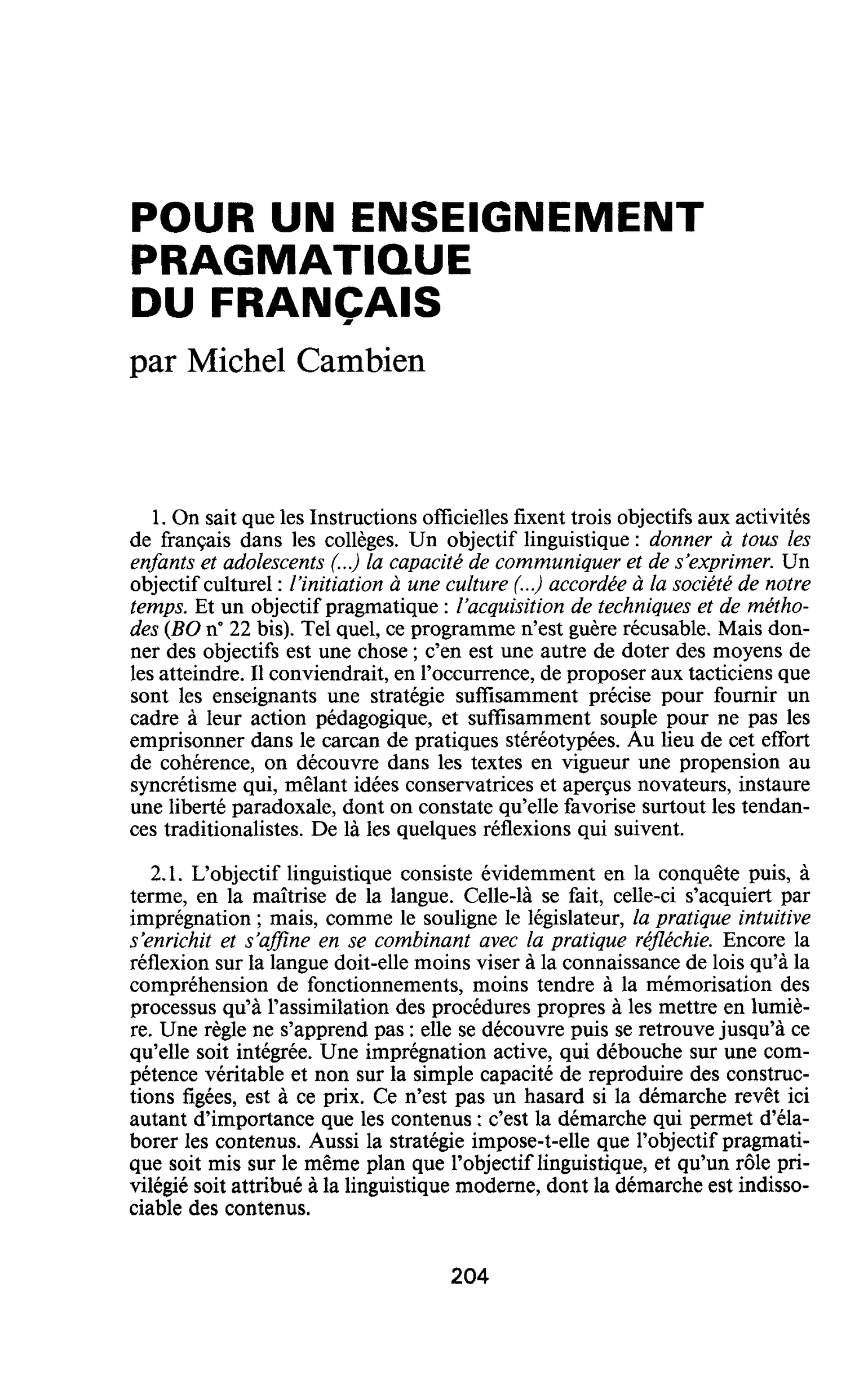 POUR UN ENSEIGNEMENT PRAGMATIQUE DU FRANÇAIS