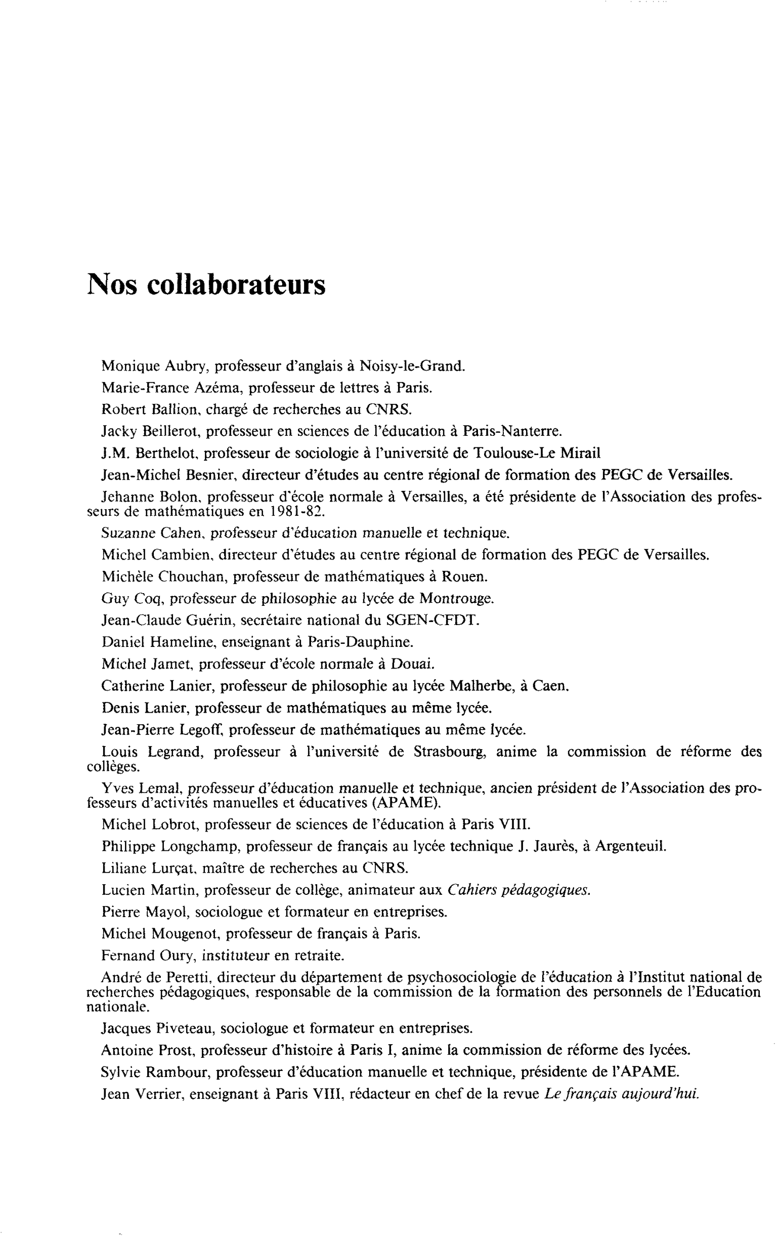Nos collaborateurs