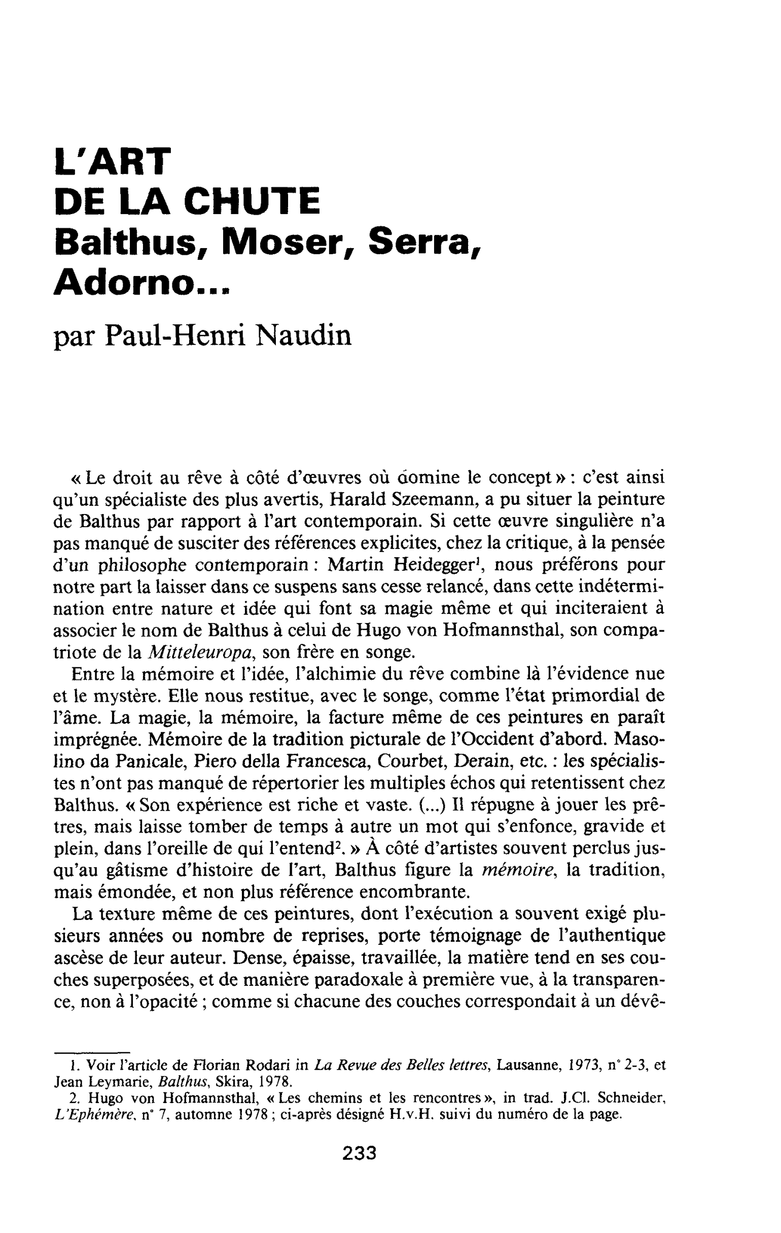 L’ART DE LA CHUTE. Balthus, Moser, Serra, Adorno…
