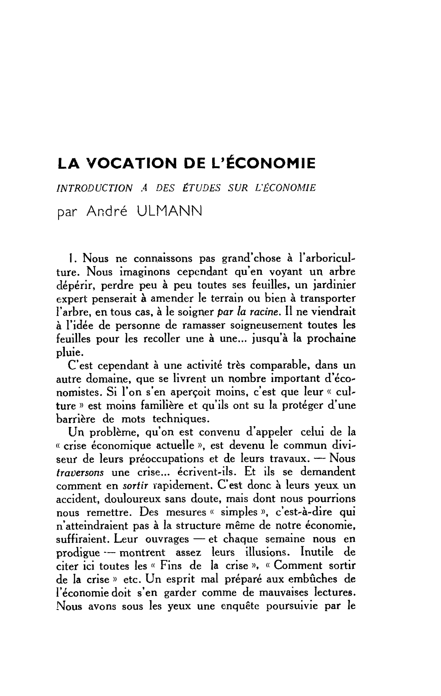 LA VOCATION DE L’ÉCONOMIE INTRODUCTION A DES ÉTUDES SUR L’ÉCONOMIE