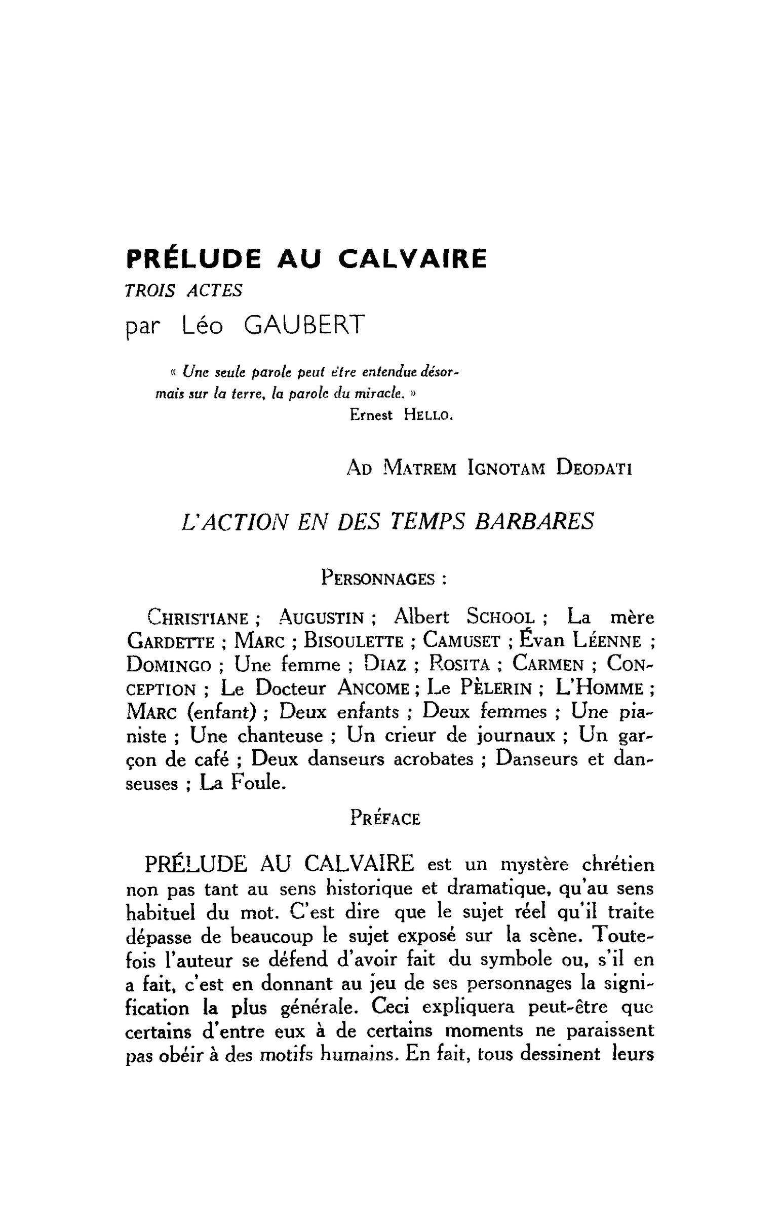 PRÉLUDE AU CALVAIRE TROIS ACTES