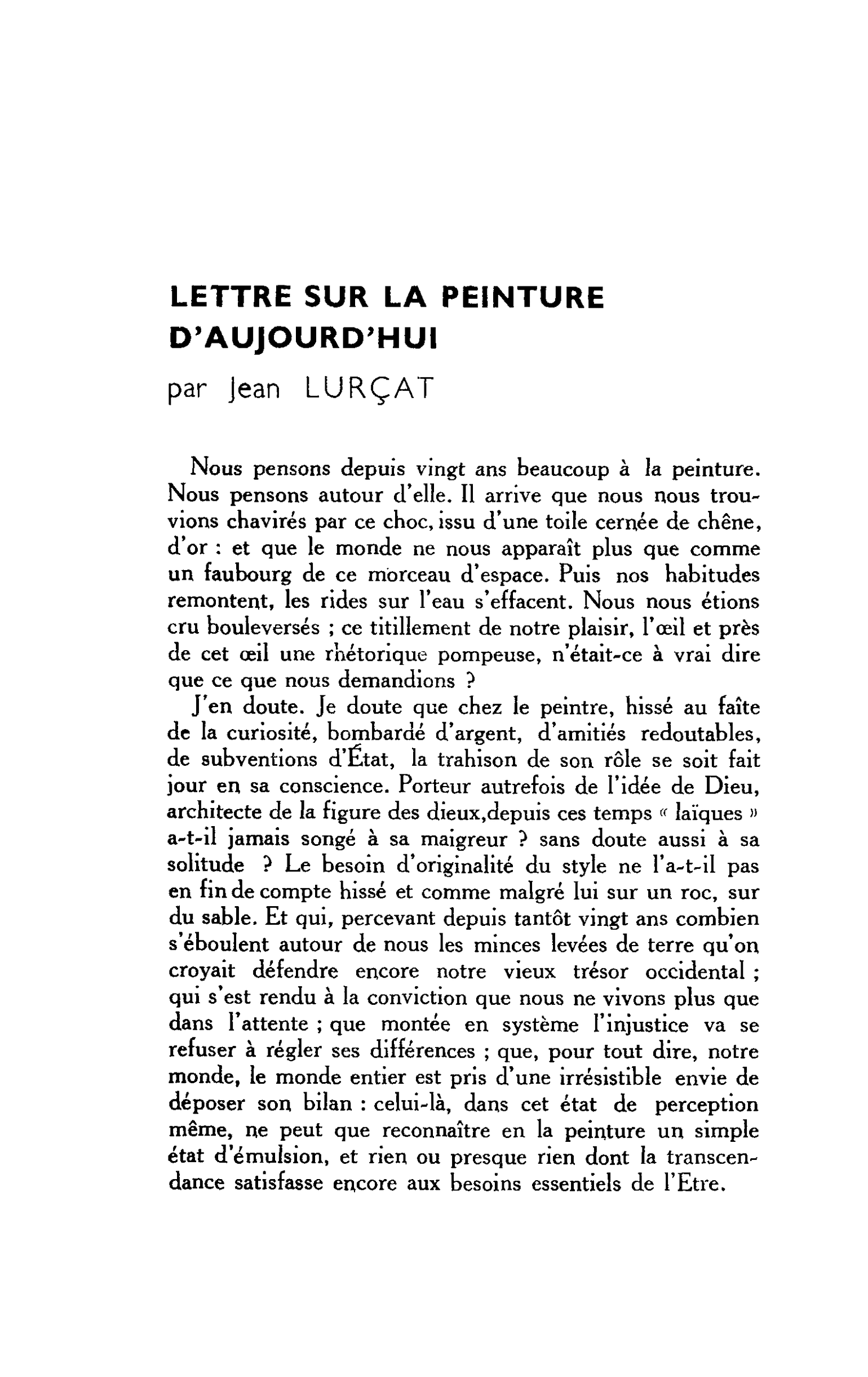 LETTRE SUR LA PEINTURE D’AUJOURD’HUI