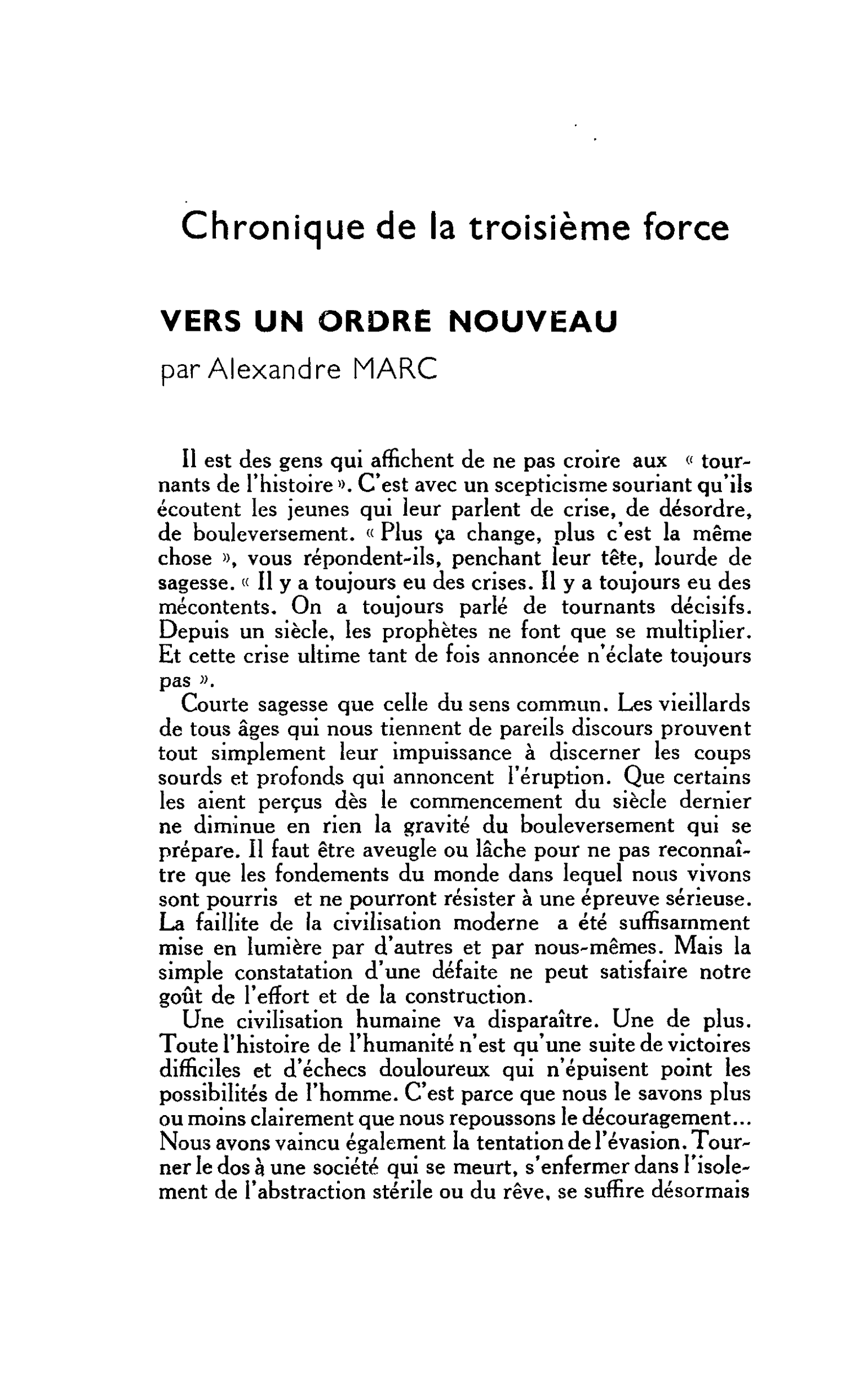 VERS UN ORDRE NOUVEAU