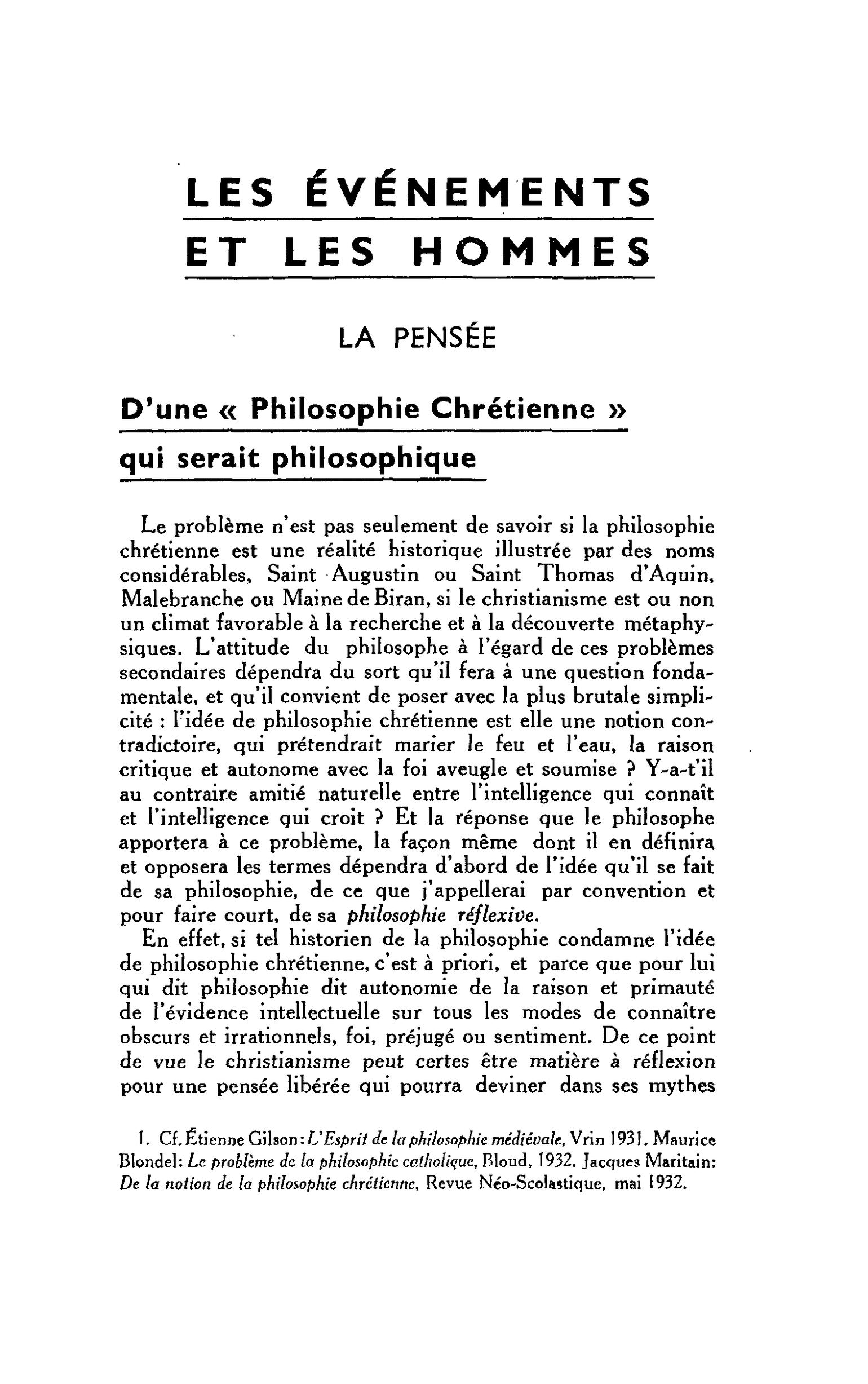 LA PENSÉE. D’une « Philosophie Chrétienne » qui serait philosophique