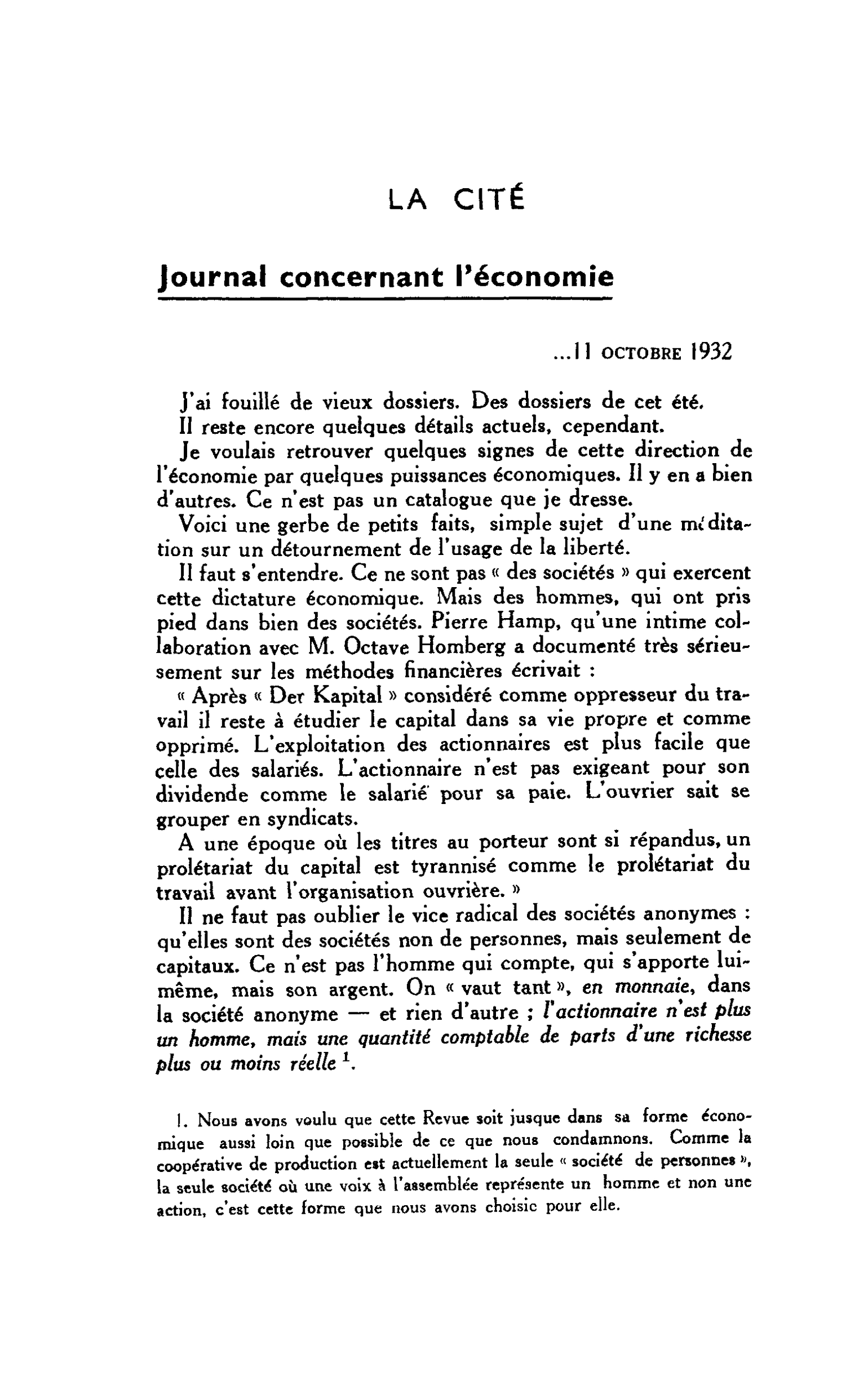 LA CITÉ. Journal concernant l’économie