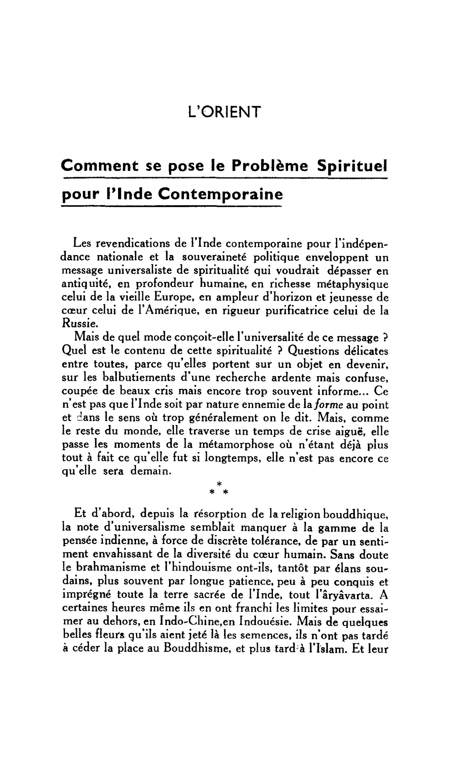L’ORIENT. Comment se pose le Problème Spirituel pour l’Inde Contemporaine