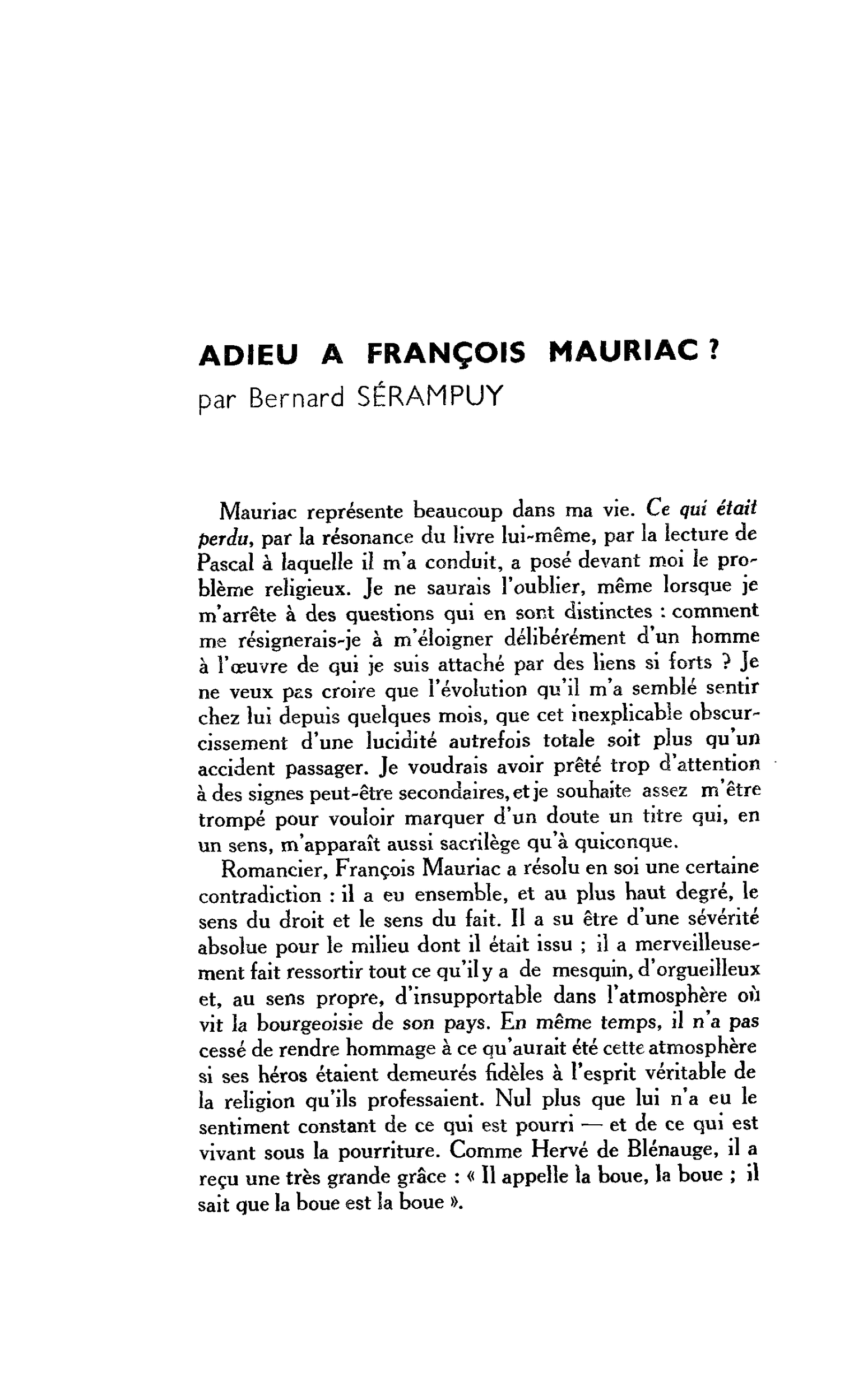 Adieu à François Mauriac ?