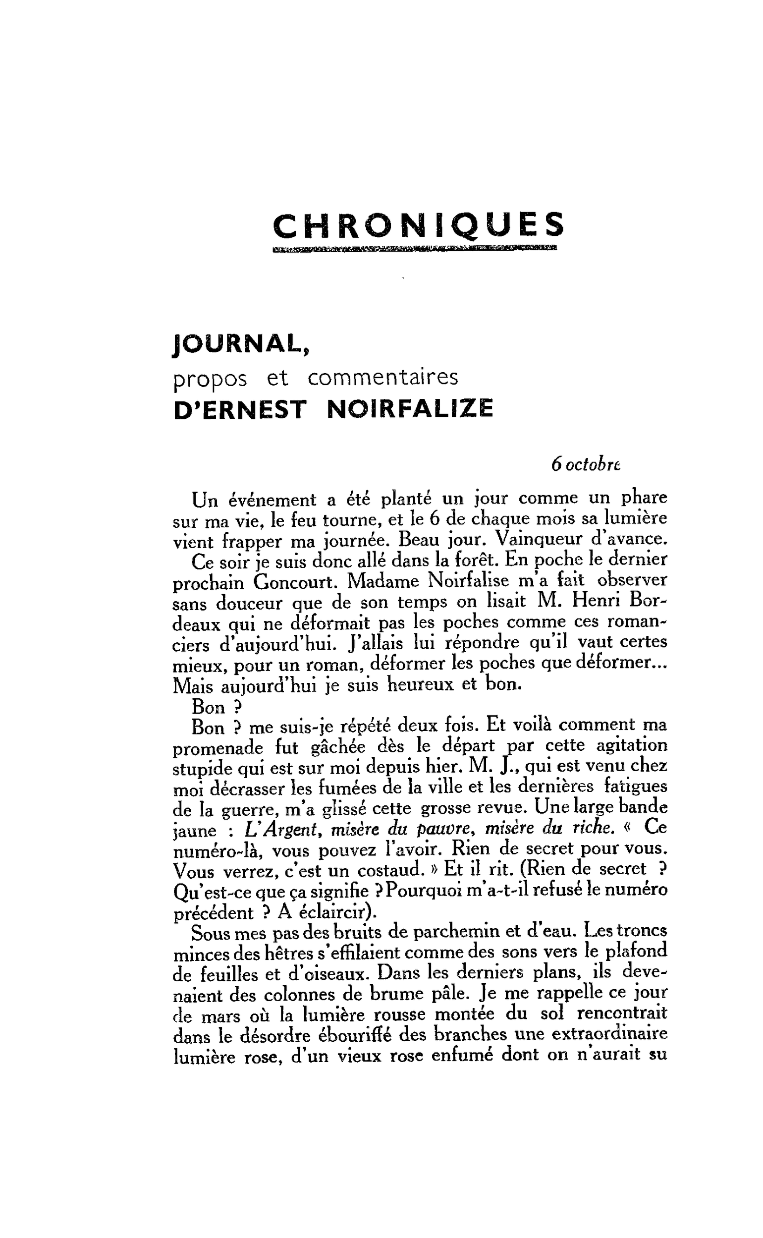 JOURNAL, propos et commentaires. D’ ERNEST NOIRFALIZE