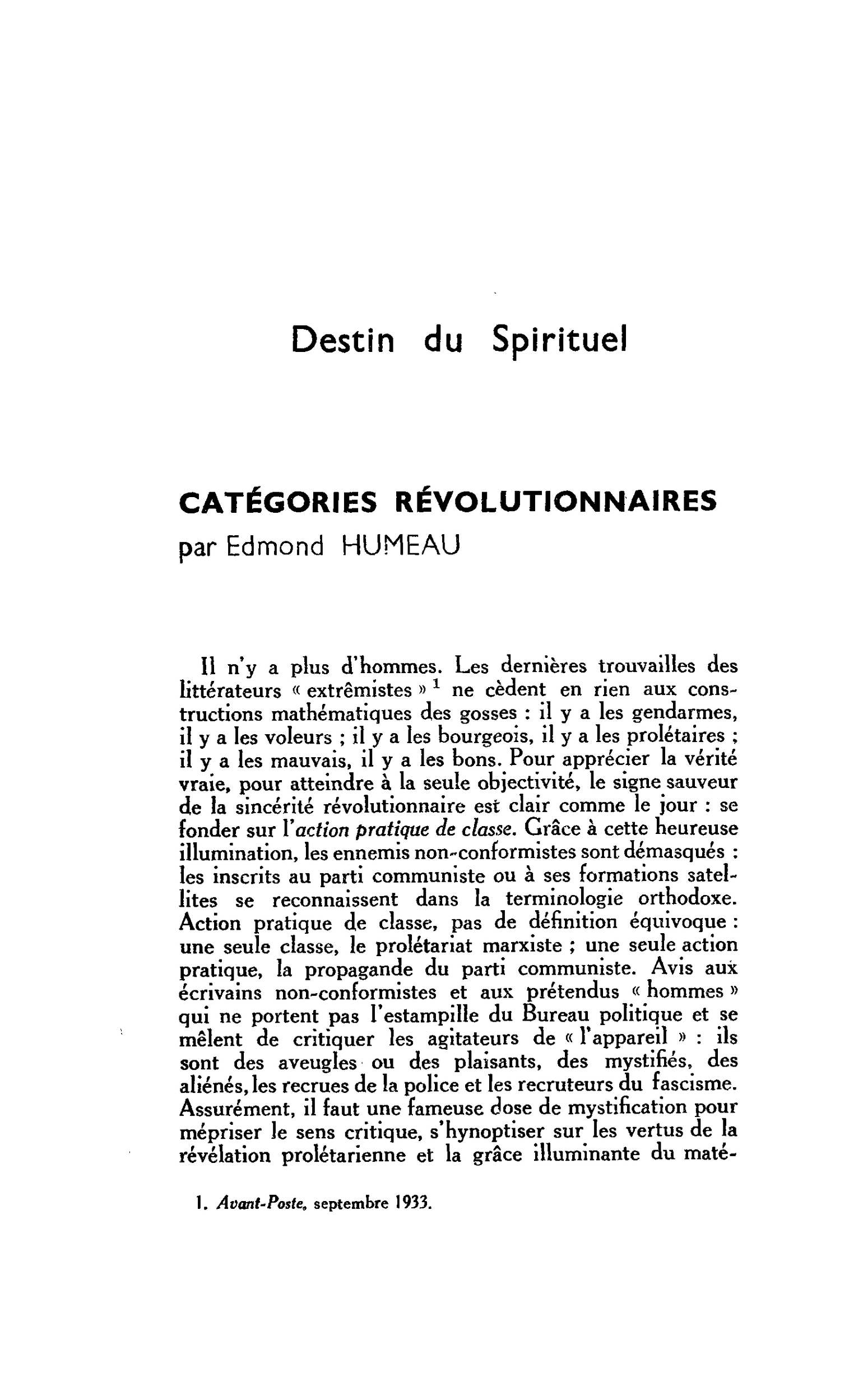 Destin du Spirituel. CATÉGORIES RÉVOLUTIONNAIRES