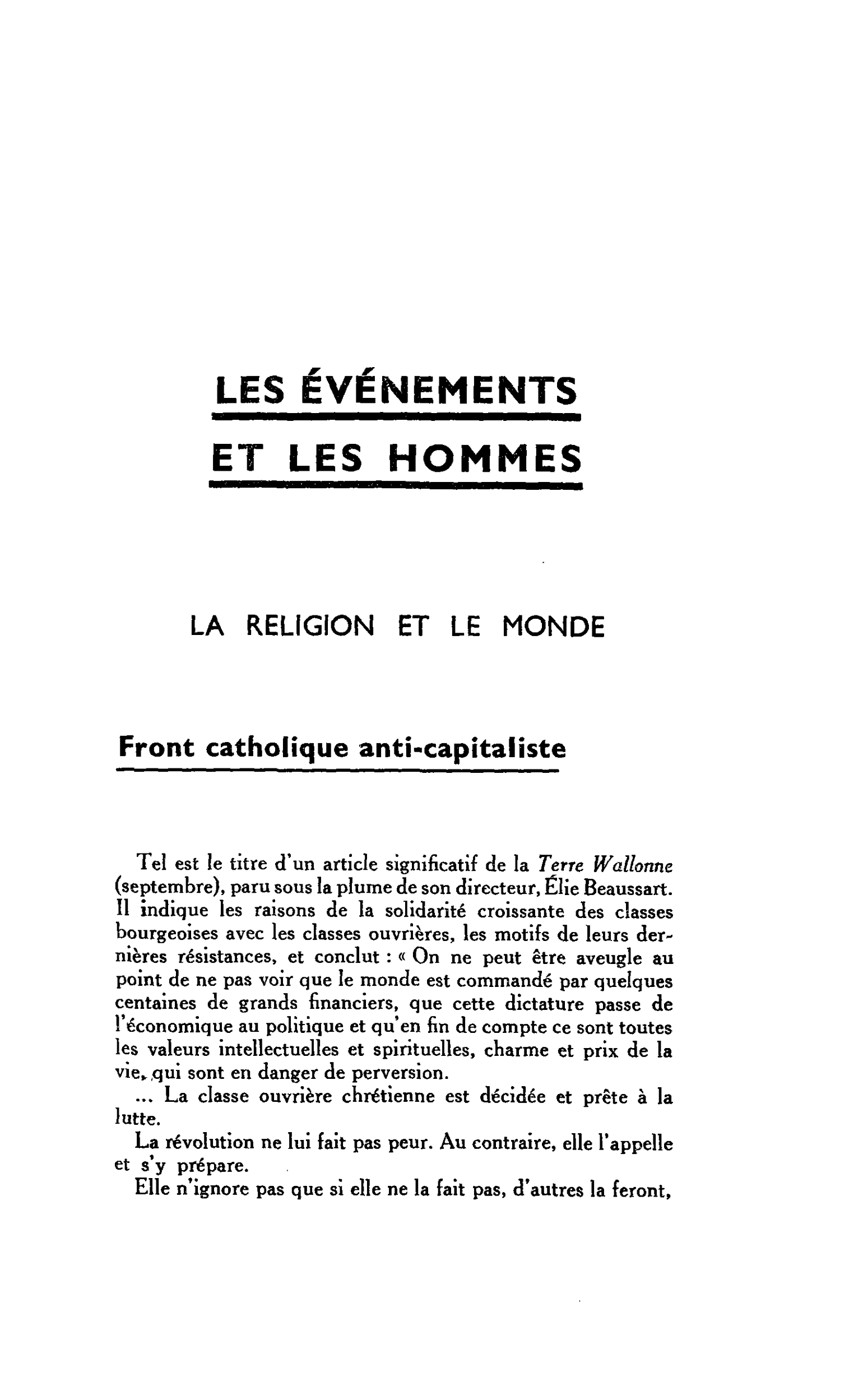 LA RELIGION ET LE MONDE. Front catholique anti-capitaliste