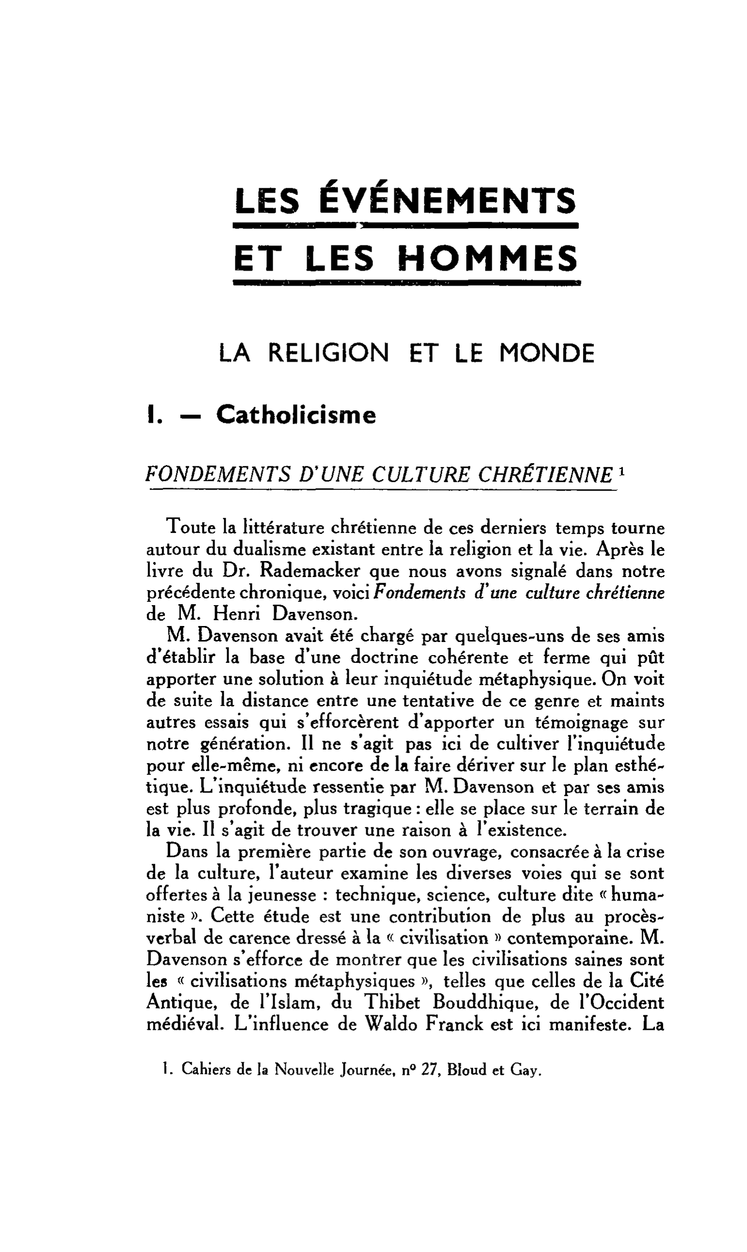 LA RELIGION ET LE MONDE : I. ? Catholicisme. FONDEMENTS D’UNE CULTURE CHRÉTIENNE