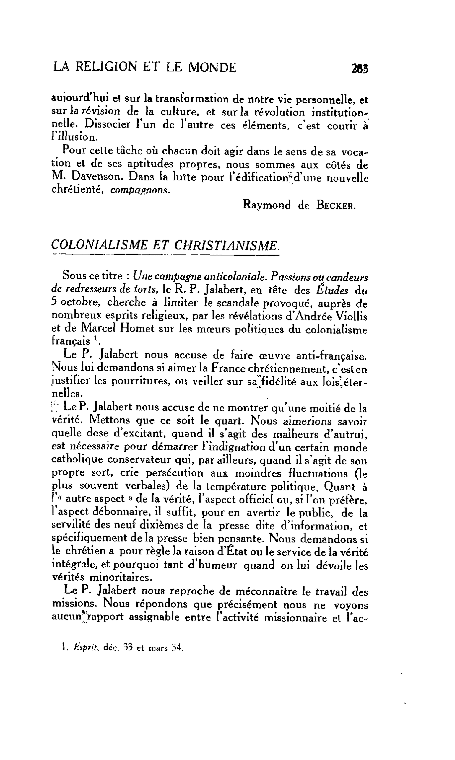 La religion et le monde: colonialisme et christianisme