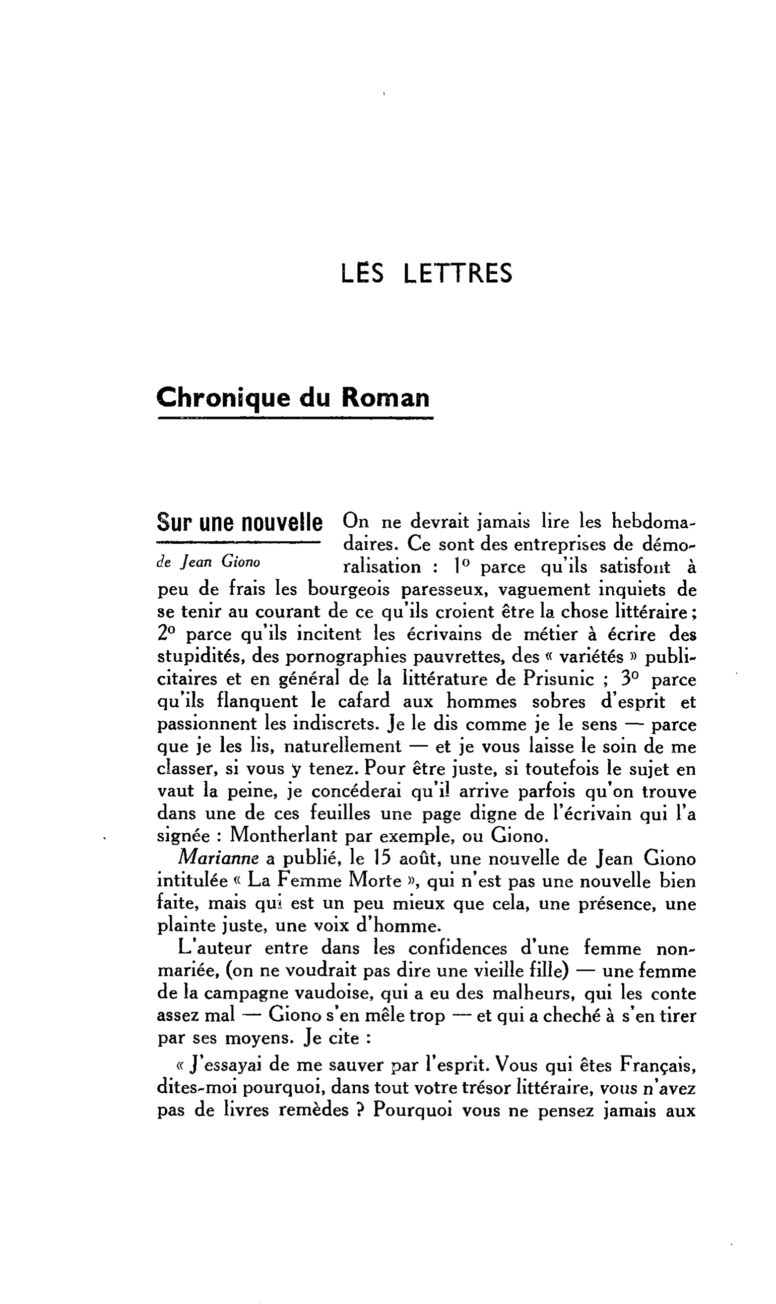 LA RELIGION ET LE MONDE : LES LETTRES. Chronique du Roman. Sur une nouvelle