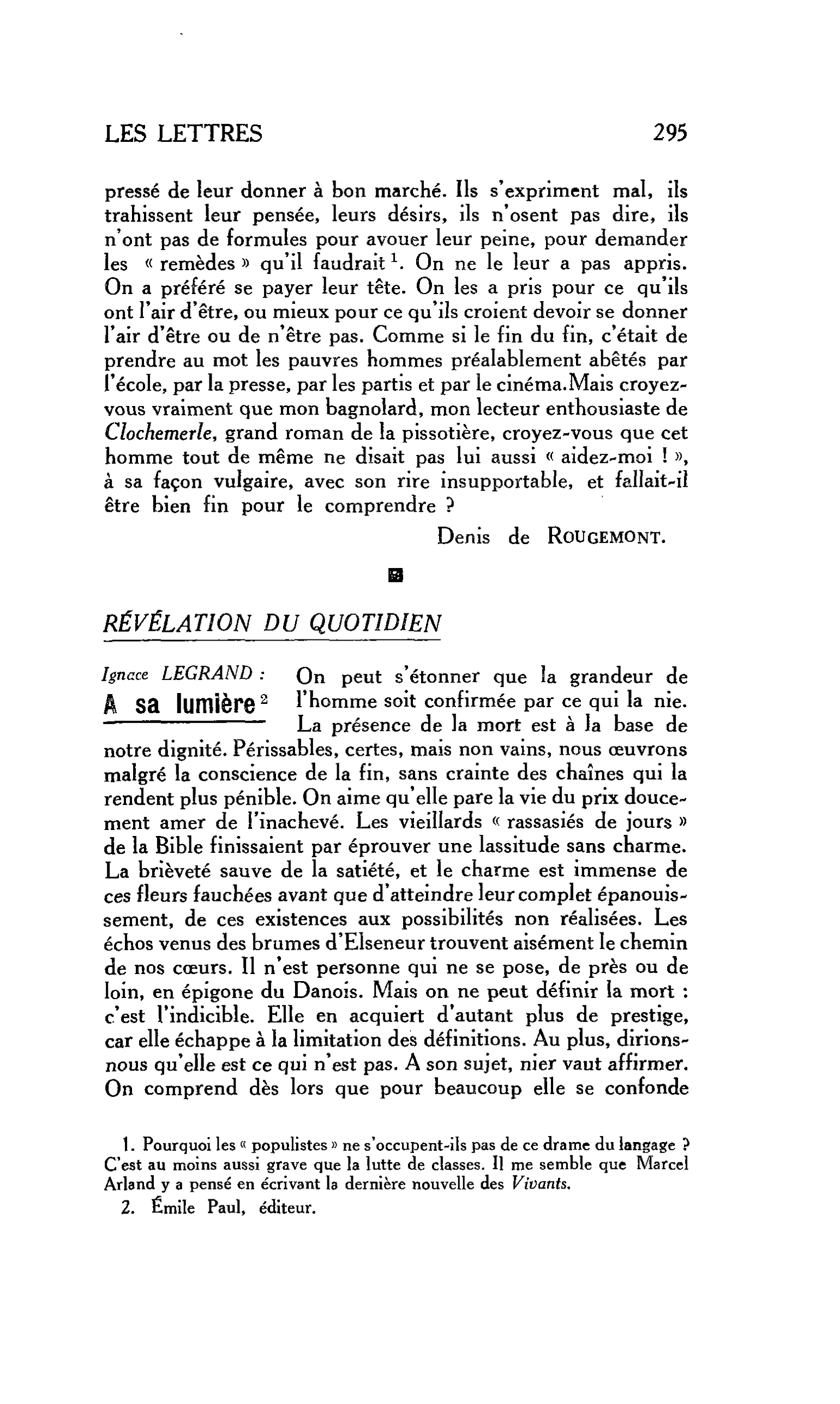 LA RELIGION ET LE MONDE : RÉVÉLATION DU QUOTIDIEN. Ignace LEGRAND : A sa lumière