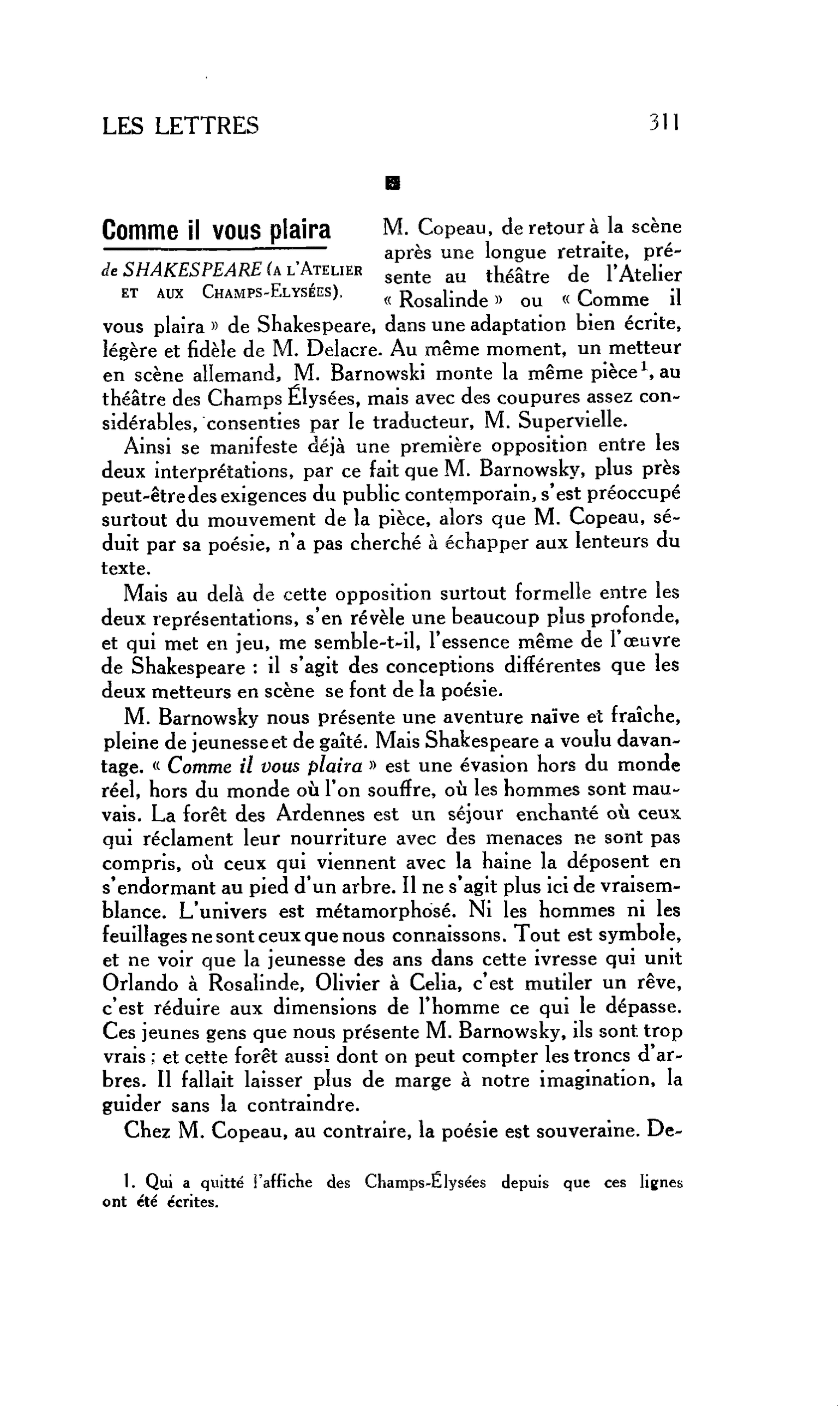 LA RELIGION ET LE MONDE : Comme il vous plaira de SHAKESPEARE (à l’Atelier et aux Champs-Elysées)