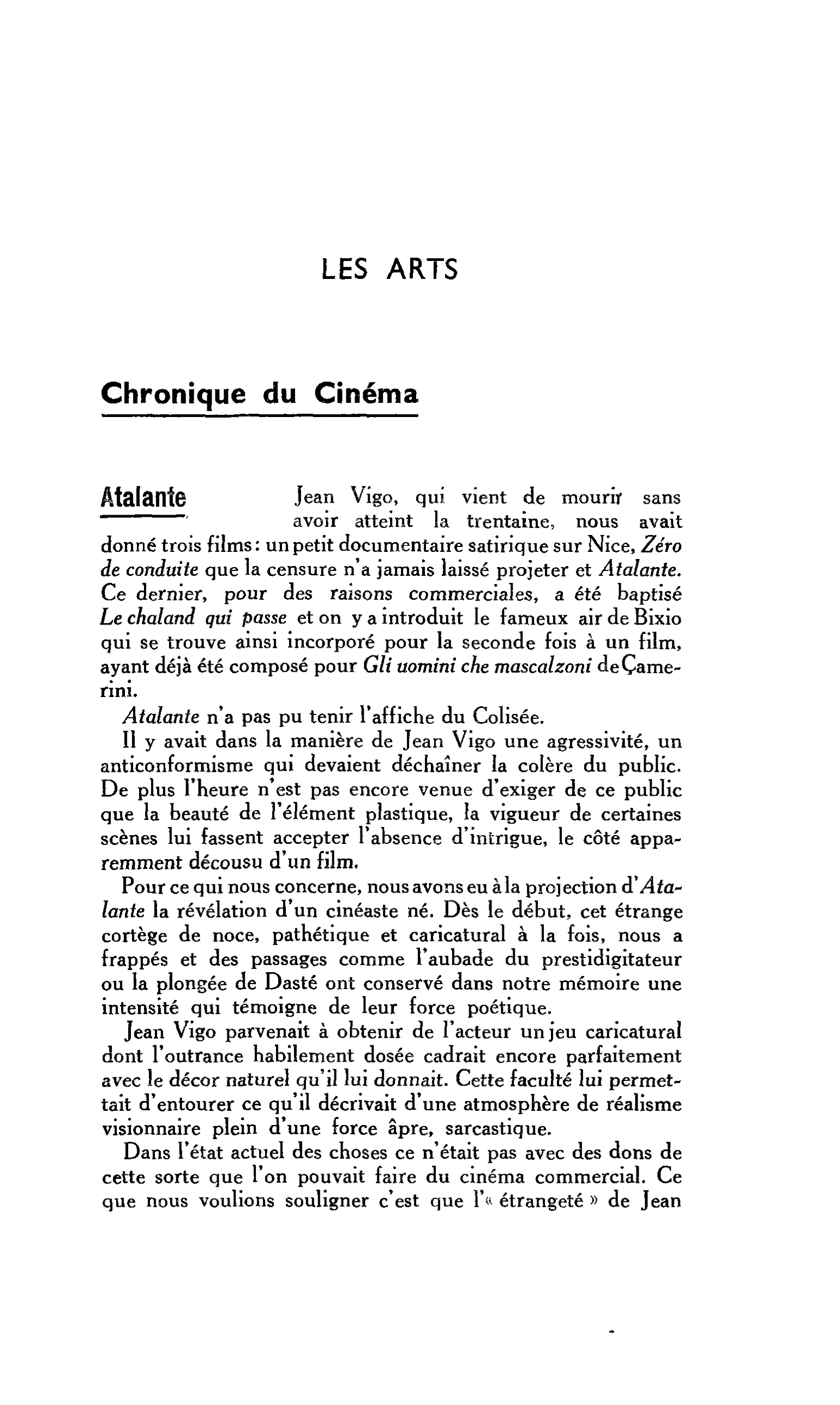 LES ARTS : Chronique du Cinéma Atalante