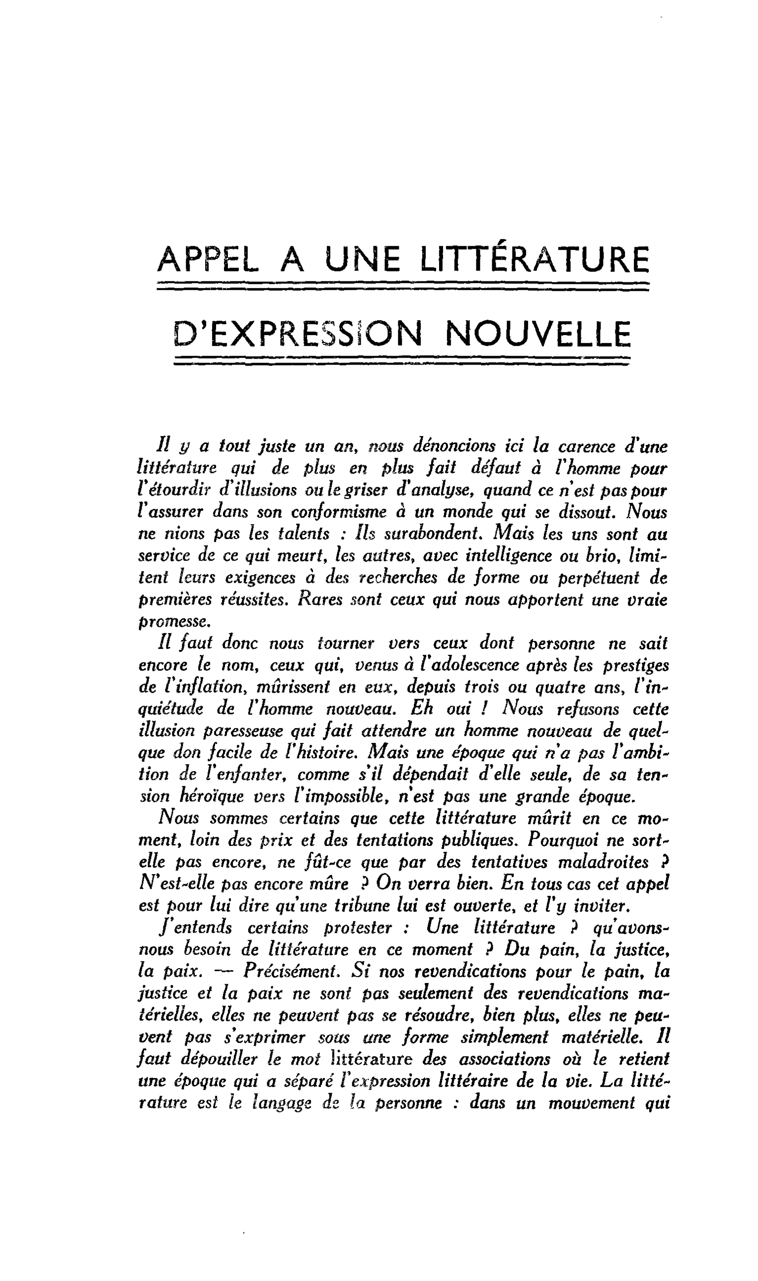 APPEL A UNE LITTÉRATURE D’EXPRESSION NOUVELLE