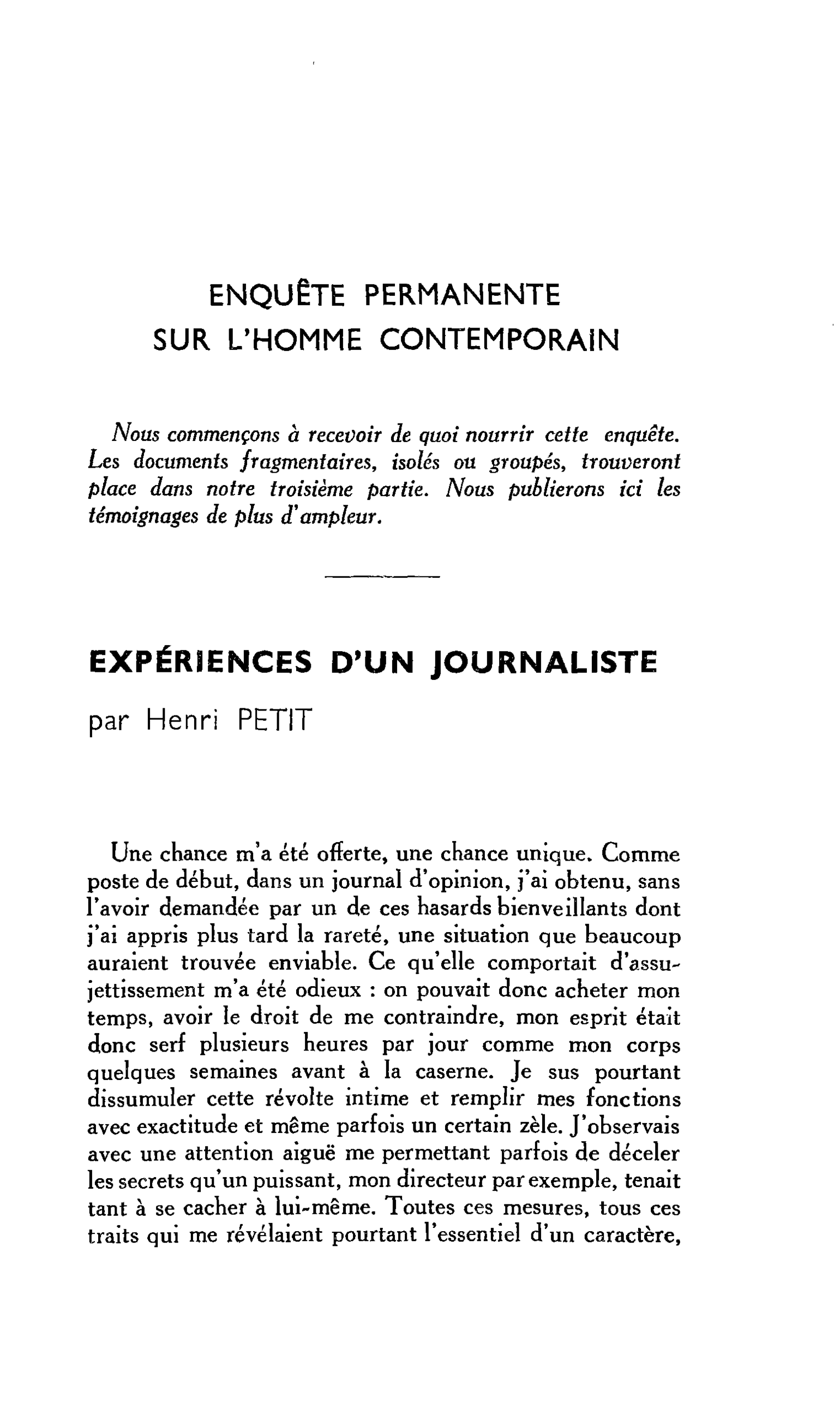 ENQUÊTE PERMANENTE SUR L’HOMME CONTEMPORAIN : EXPÉRIENCES D’UN JOURNALISTE