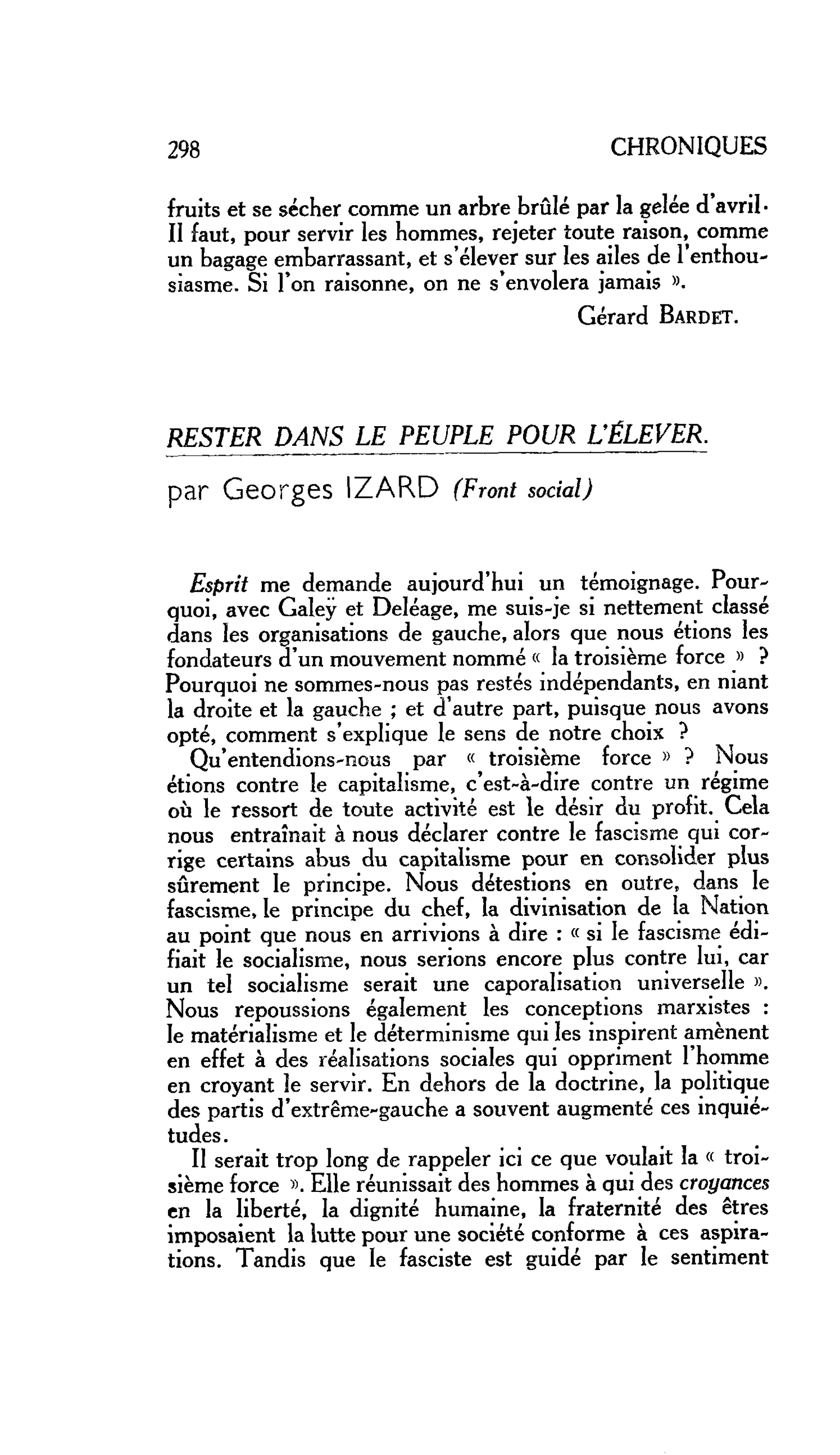 CHRONIQUE PERMANENTE POUR UNE TROISIÈME FORCE : RESTER DANS LE PEUPLE POUR L’ÉLEVER