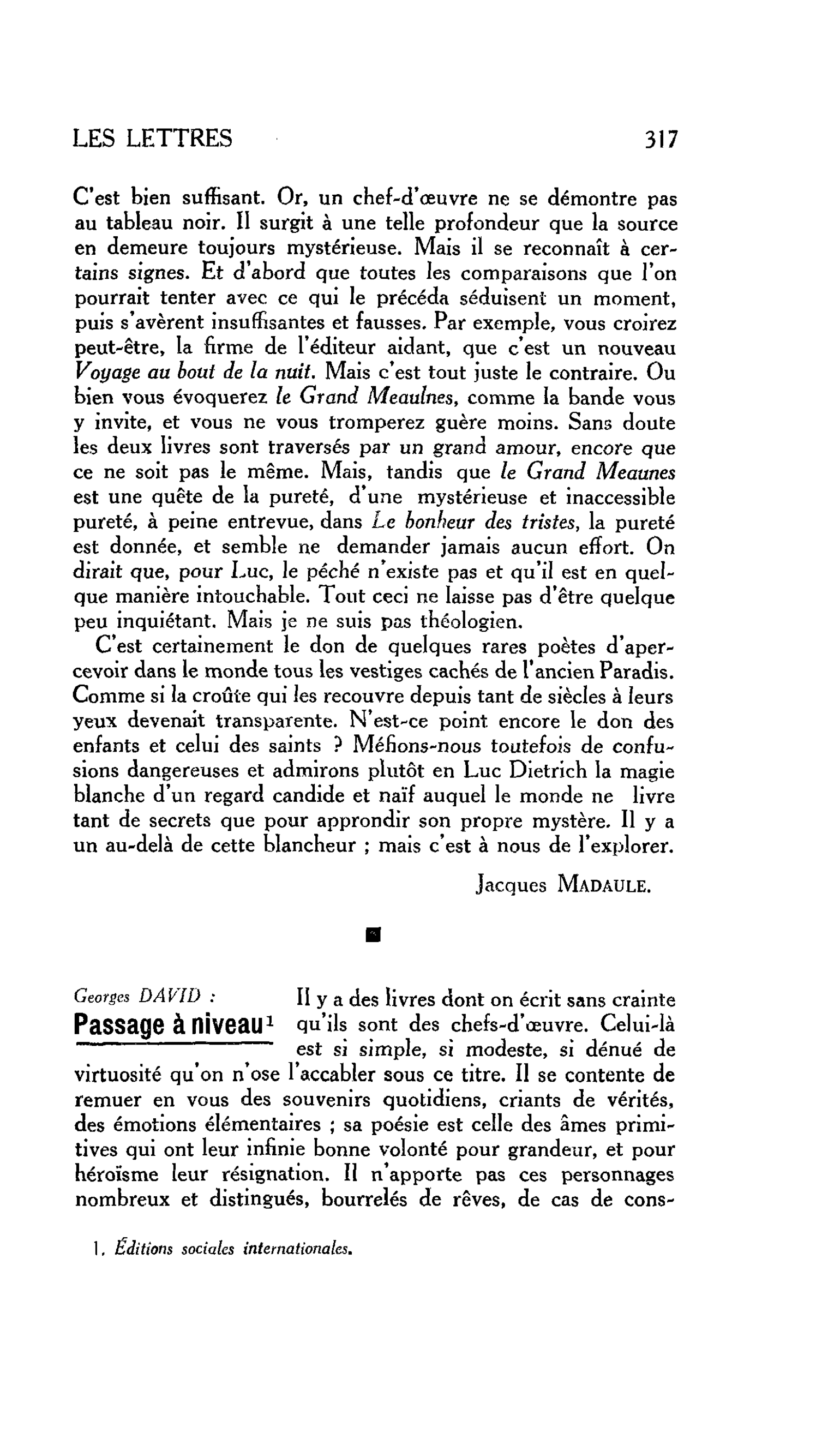 LES LETTRES. Georges DAVID : Passage à niveau