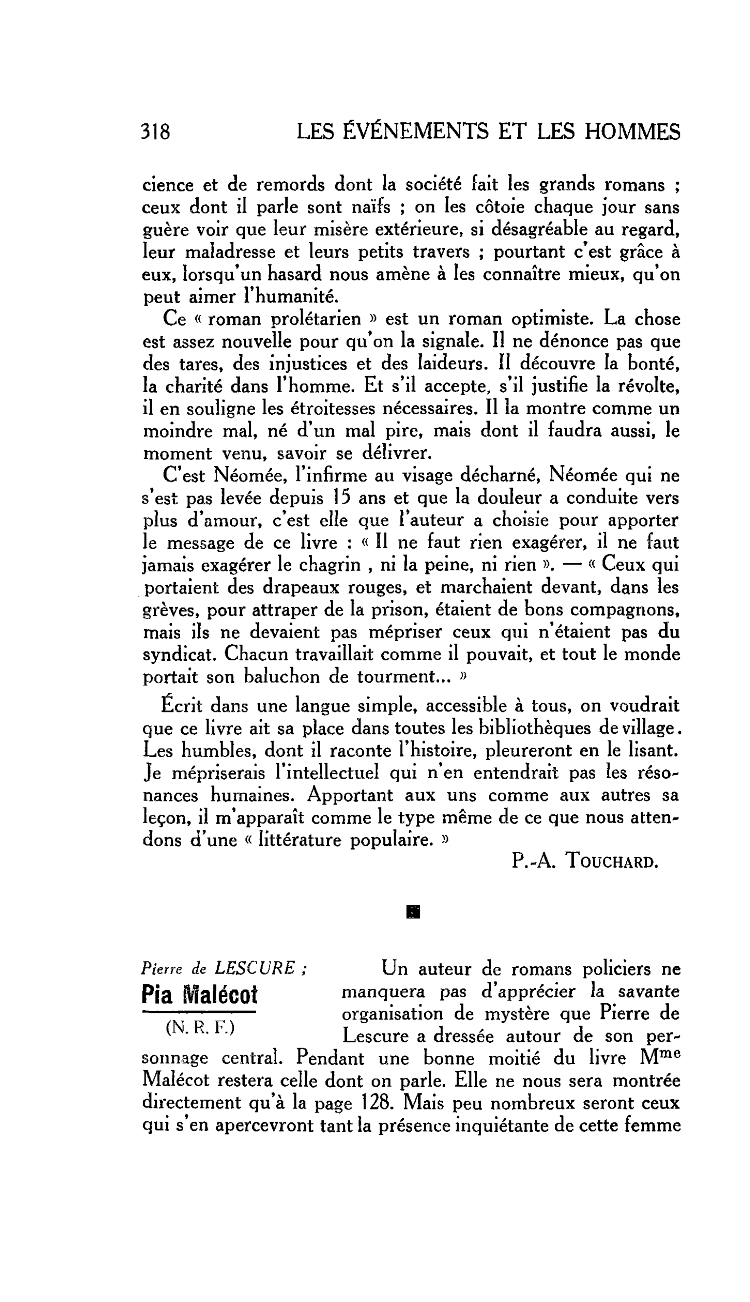 LES LETTRES. Pierre de LESCURE : Pia Malécot