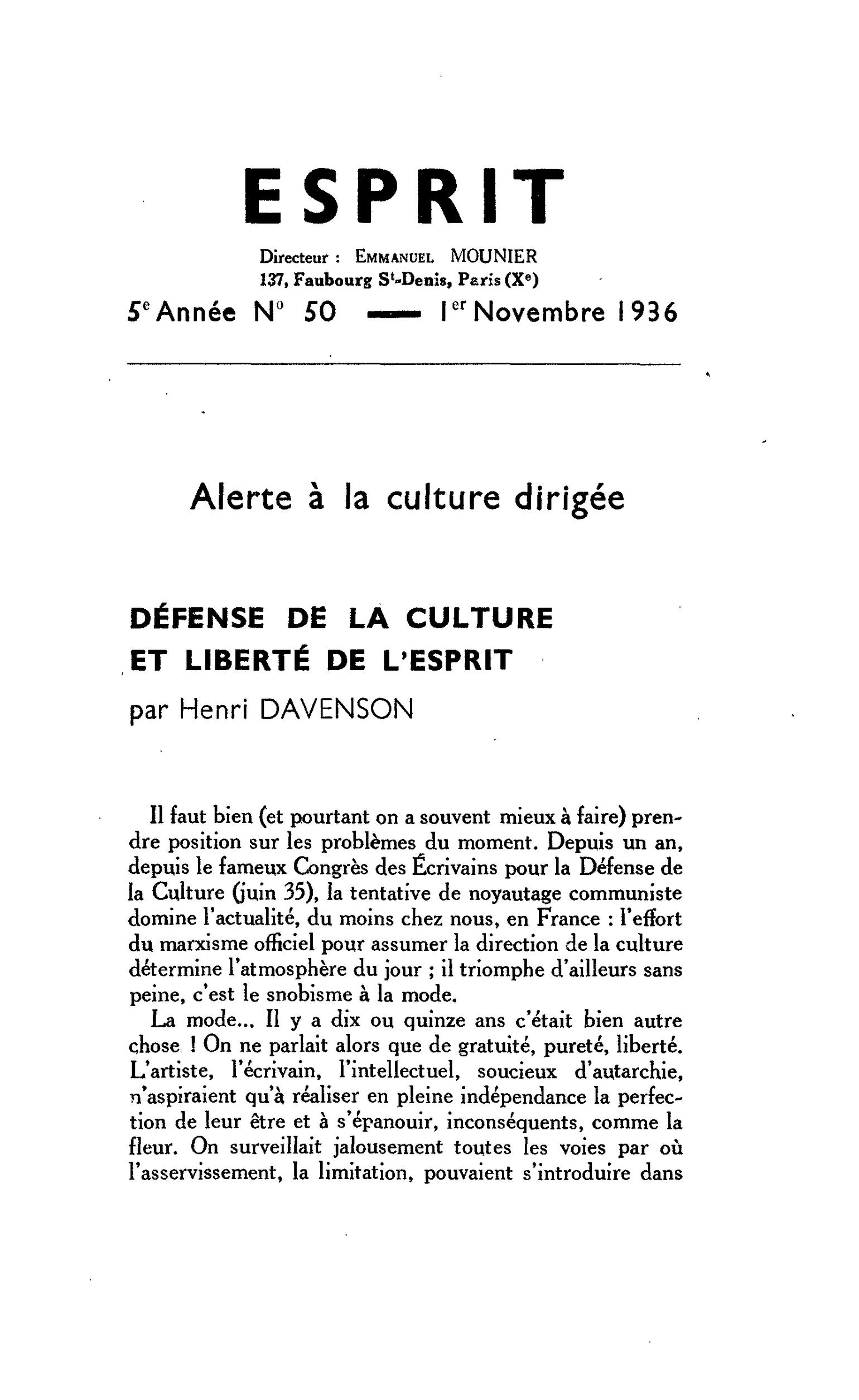 DÉFENSE DE LA CULTURE ET LIBERTÉ DE L’ESPRIT