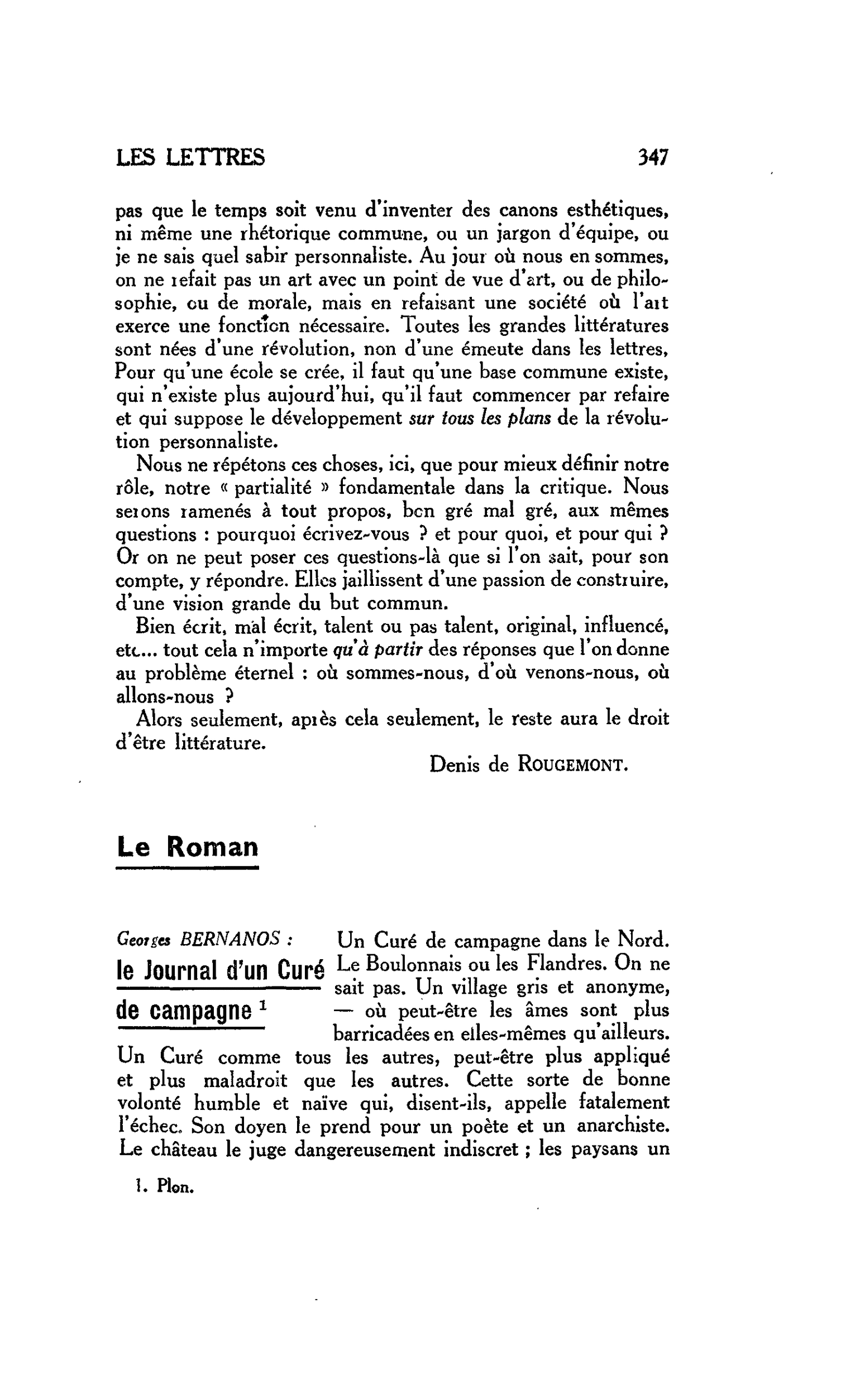 LES LETTRES. Le Roman. Georges BERNANOS : le Journal d’un Curé de campagne