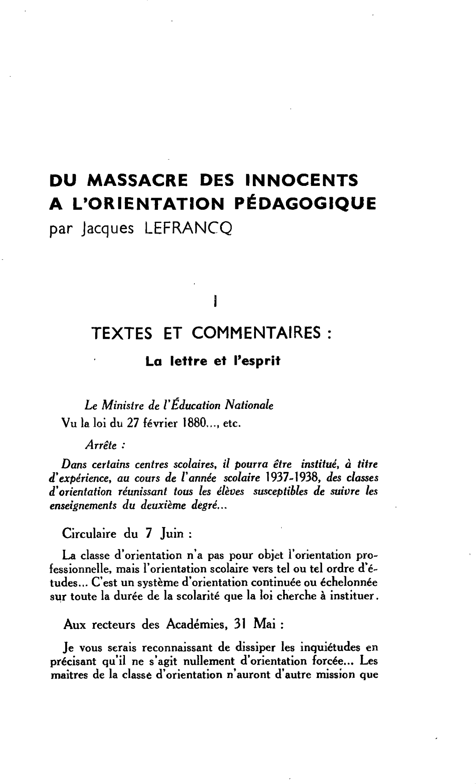 DU MASSACRE DES INNOCENTS A L’ORIENTATION PÉDAGOGIQUE