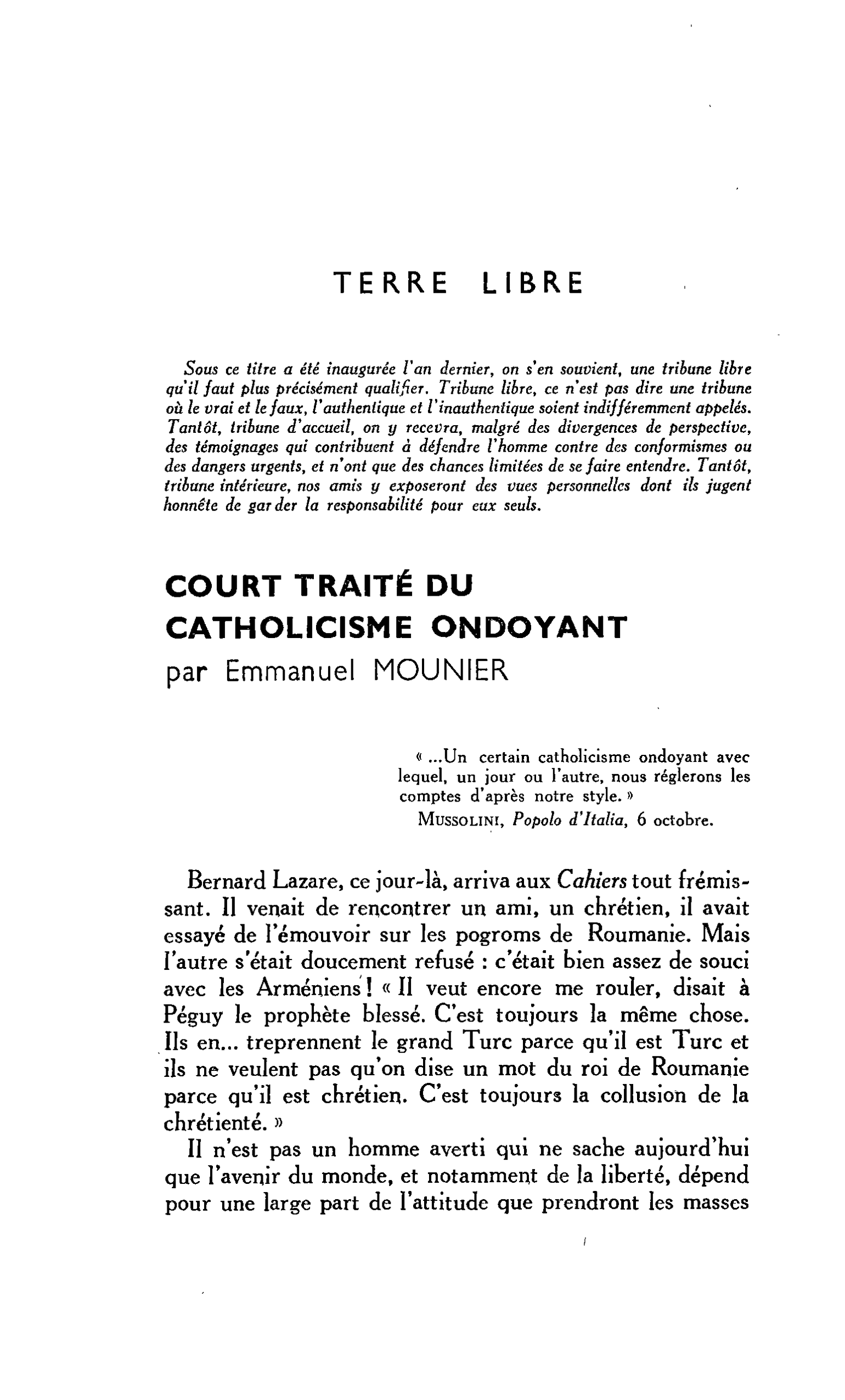 Terre libre. Court traité du catholicisme ondoyant
