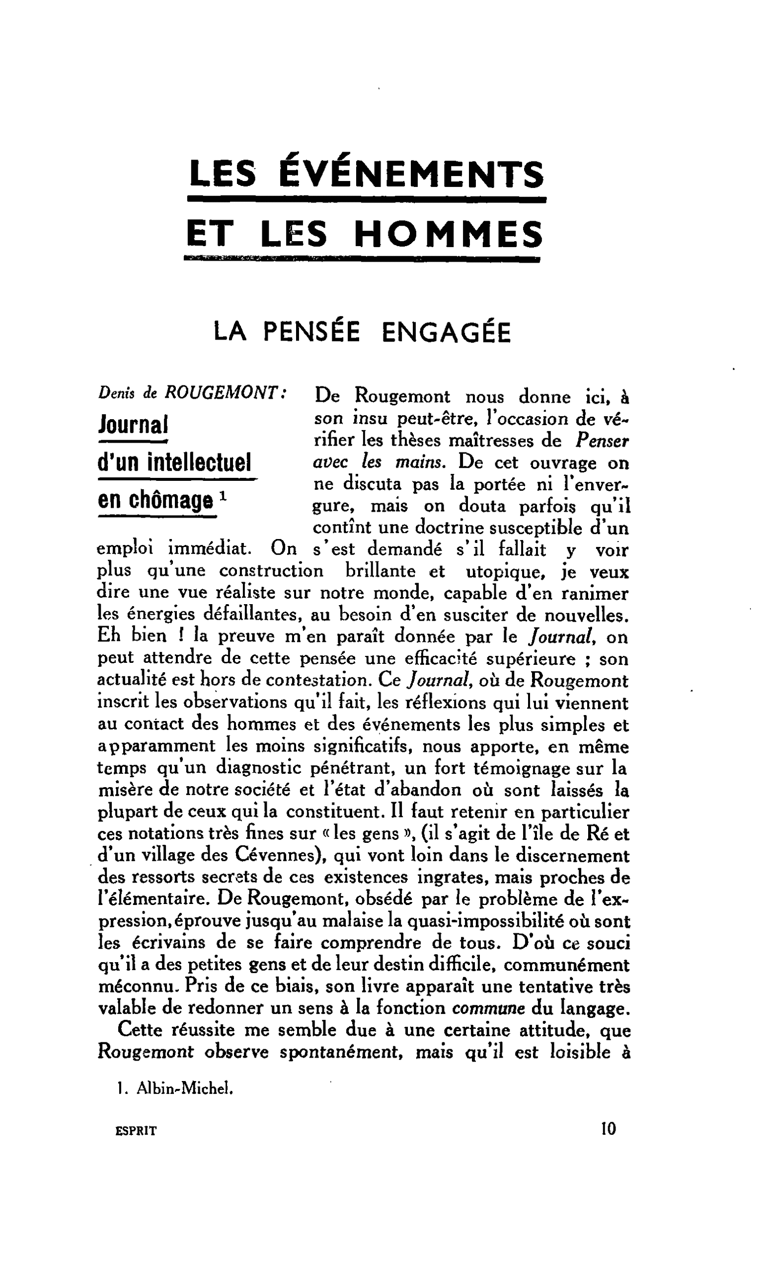 LA PENSÉE ENGAGÉE. Denis de ROUGEMONT: Journal d’un intellectuel en chômage