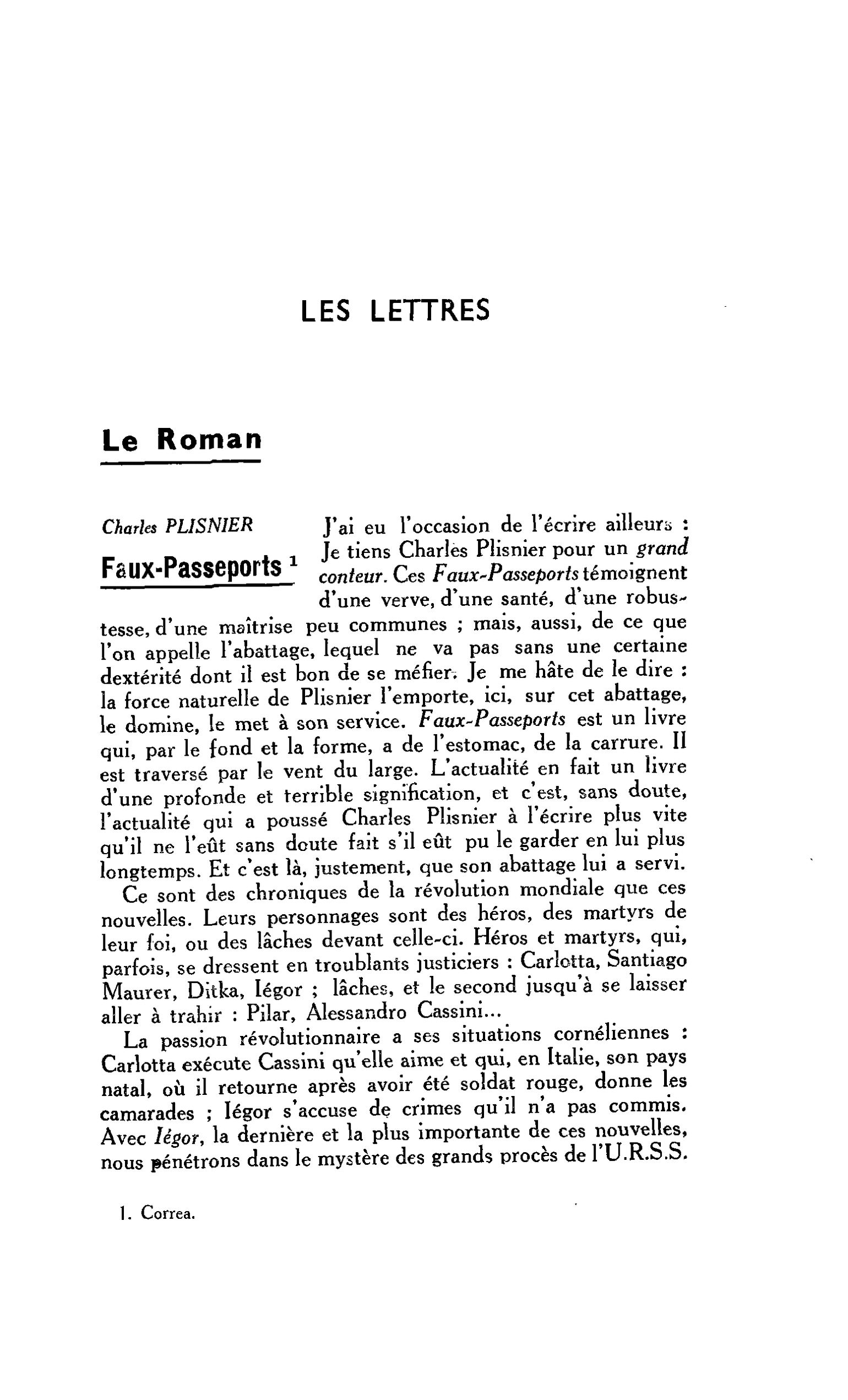 LES LETTRES. Le Roman. Charles PLISNIER : Faux-Passeports